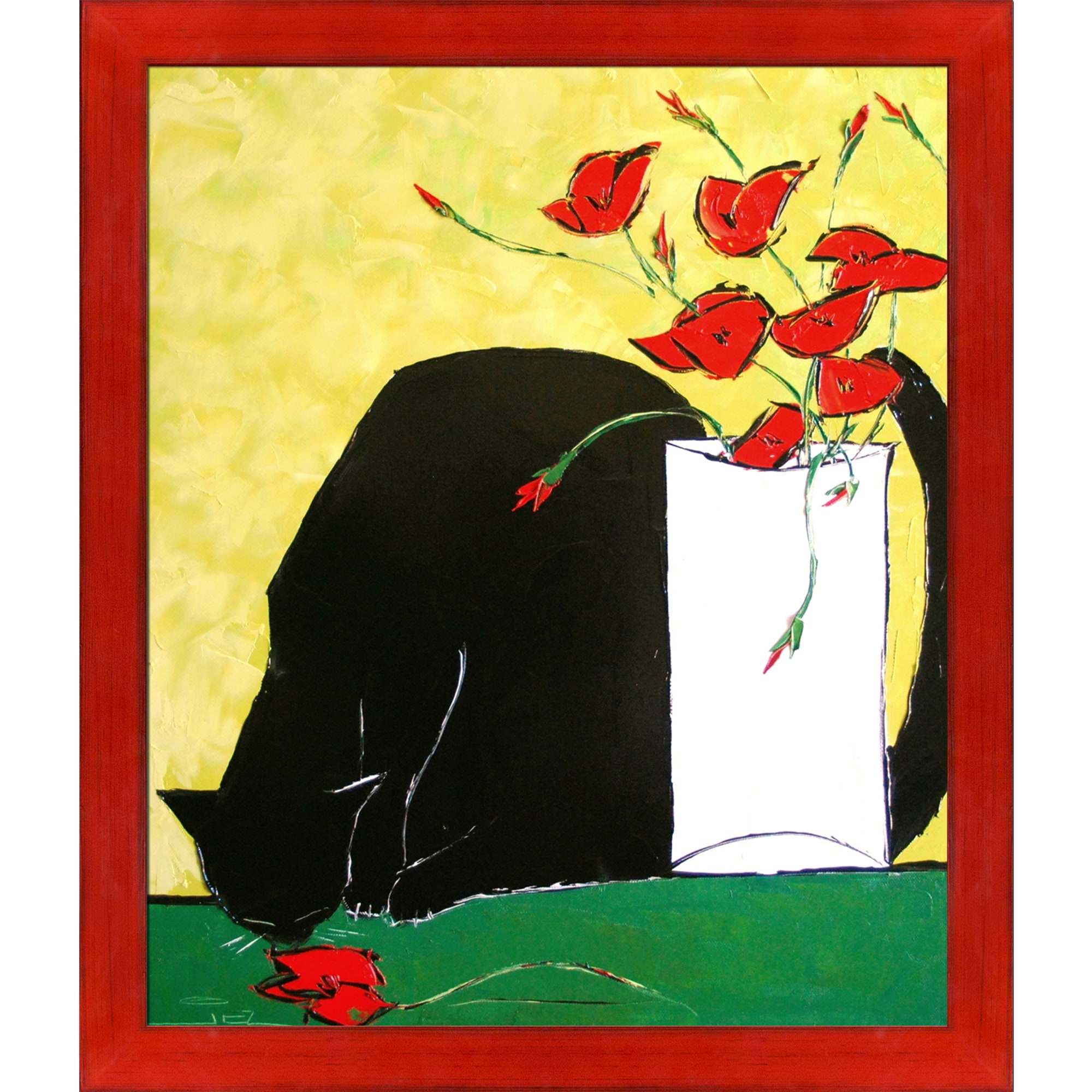 ArtistBe Black Cat and His Poppies Atelier De Jiel Red Wood Framed 23.5 ...