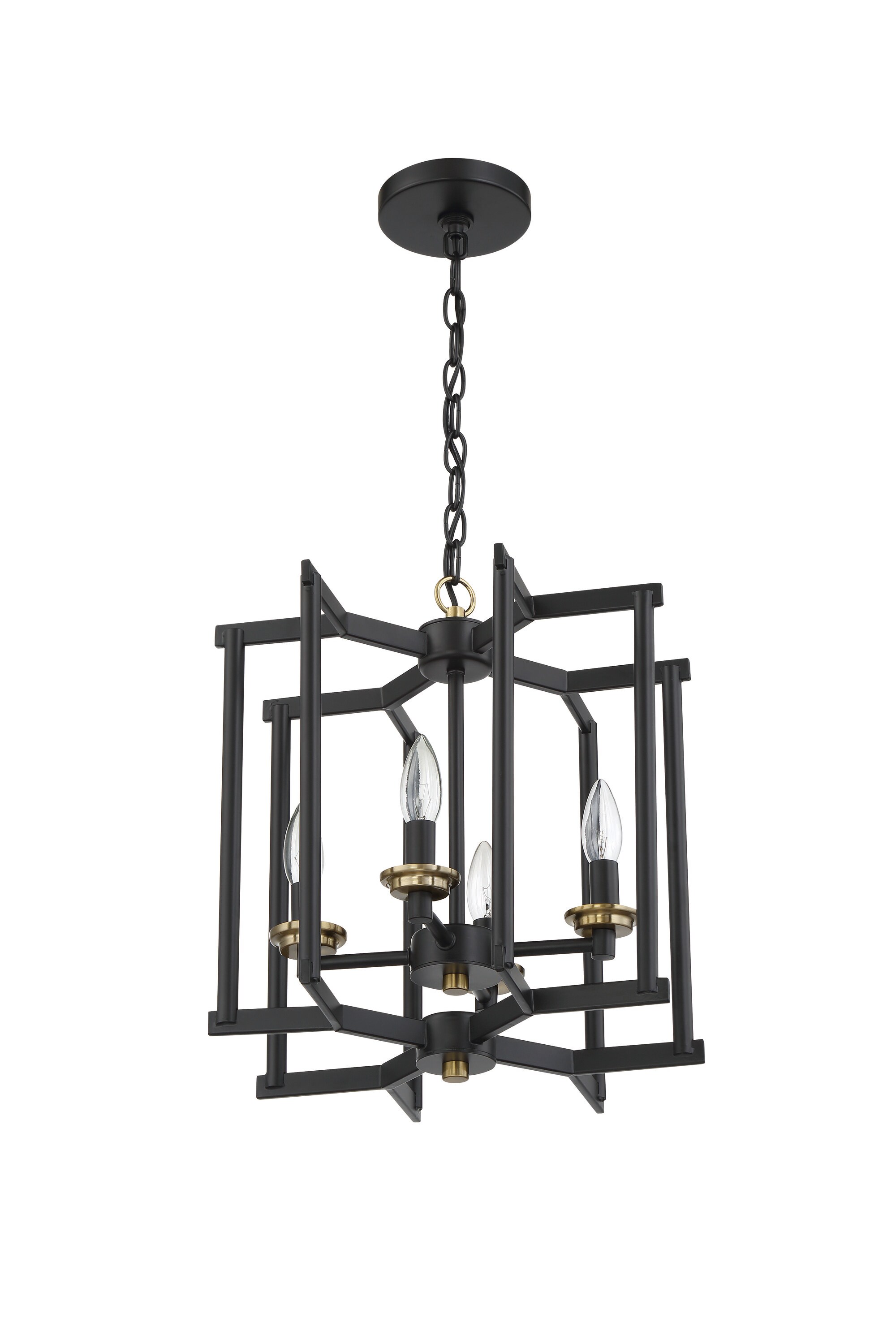 Flat Black and Satin Brass 4-Light Geometric Chandelier