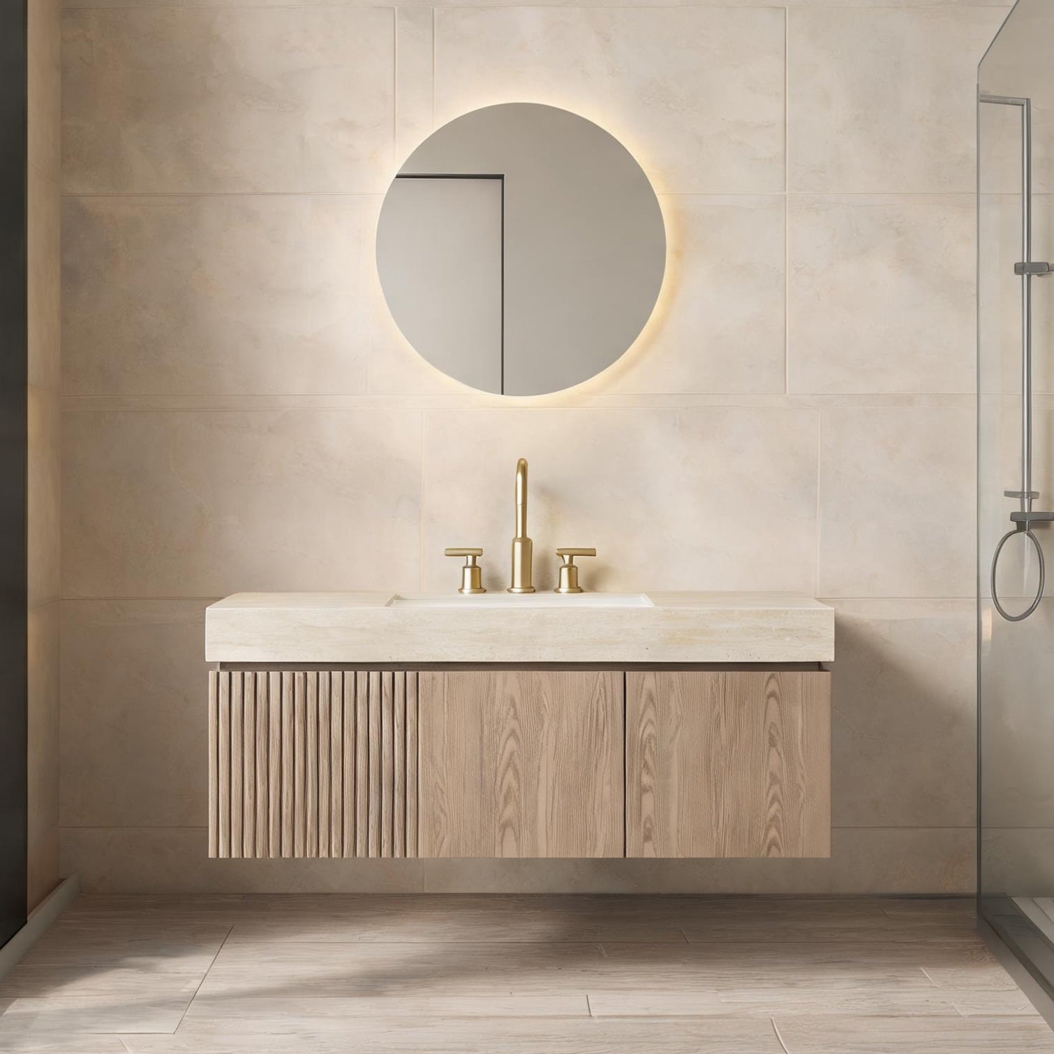 Watnature 48-Inch Floating Bathroom Vanity in Rich Brown Modern Travertine-Look Sintered Stone Top with Ceramic Basin