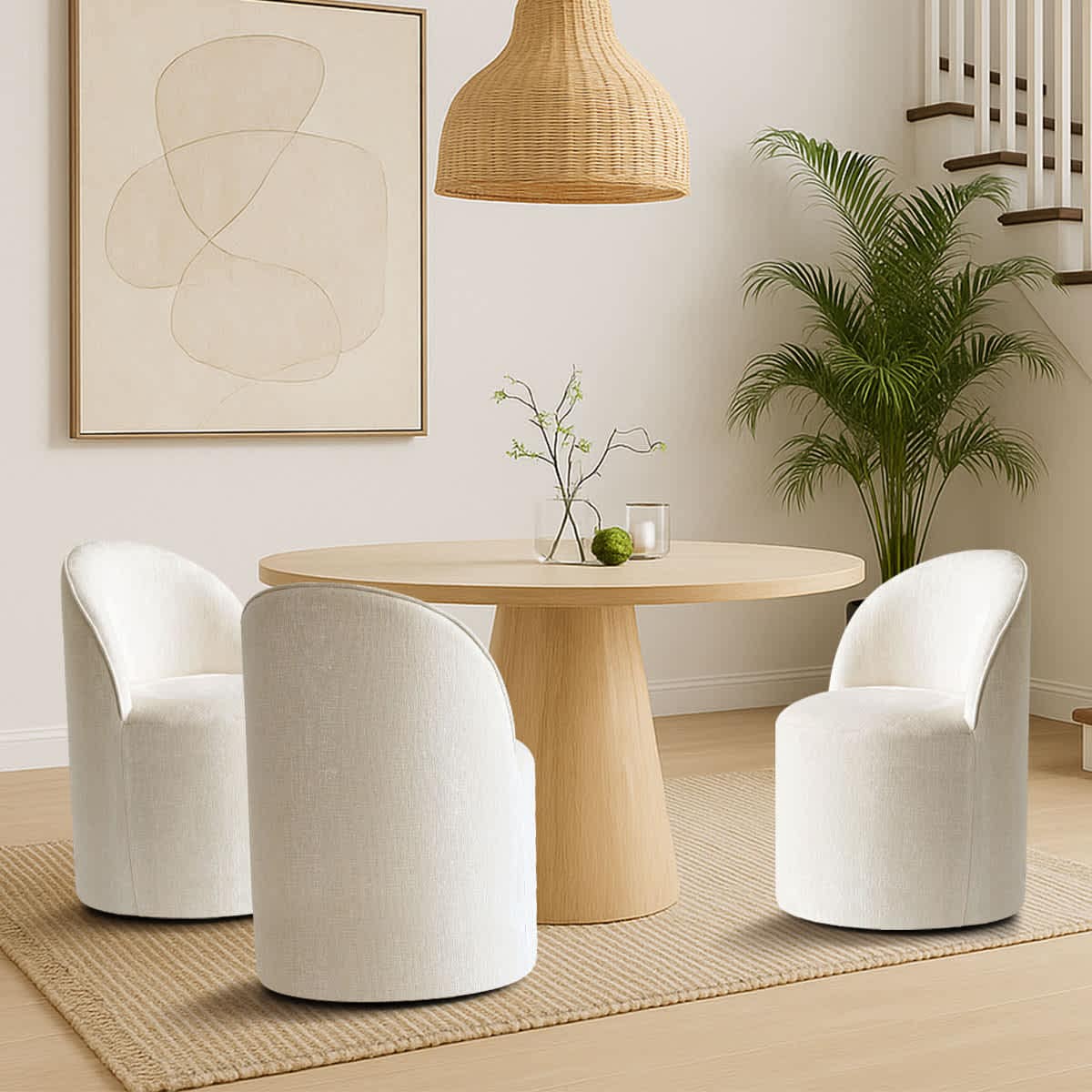 Maison Boucle DORIS-CHAIR-BEIGE-3 Set of 3 Modern Beige Armless Barrel Dining Chairs with Upholstered Seat Curved Back and Casters