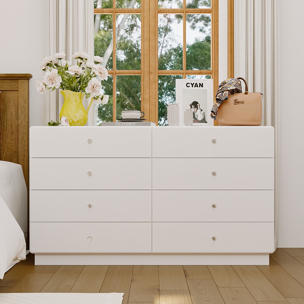 Homsee C-KF330145-01 White 8 Drawer Dresser with LED Light and Acrylic Panels Modern Bedroom Storage Chest with Glass Top and Grid Organizer