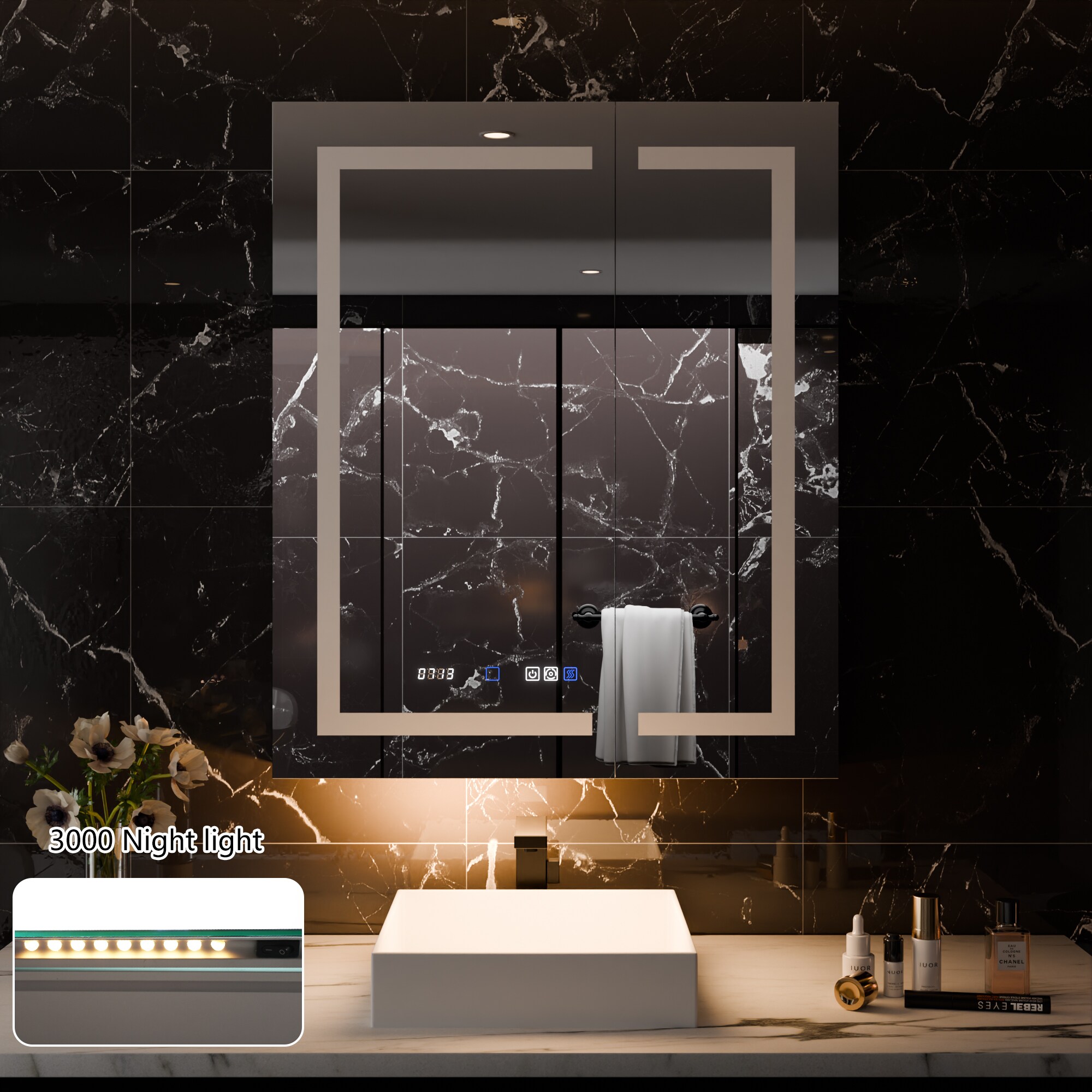AAZJ EX11 30-in x 36-in Lighted LED Fog Free Surface/Recessed Mount Silver Mirrored Soft Close Medicine Cabinet