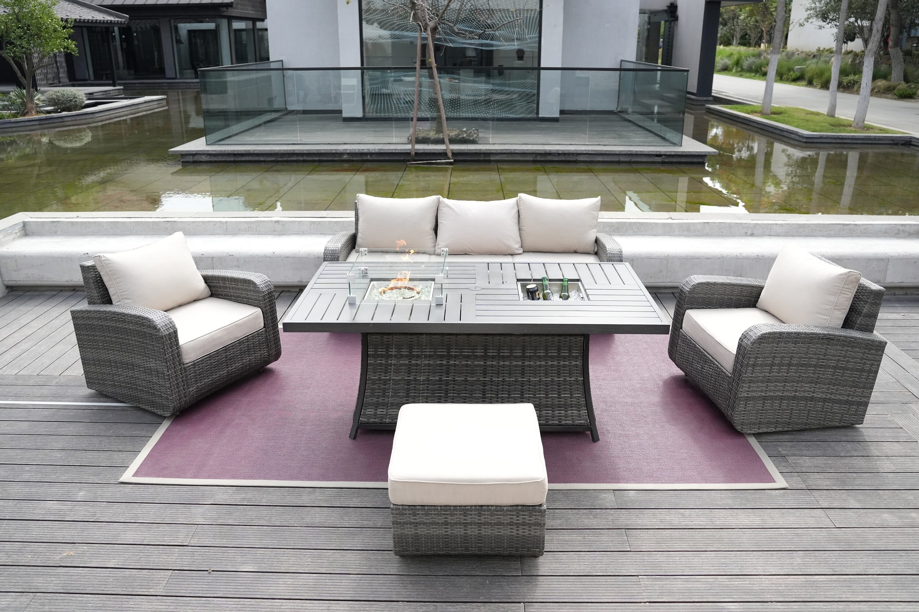 Moda Furnishings 1515-1106FI-G 6-Piece Wicker Patio Conversation Set with Gray Cushions