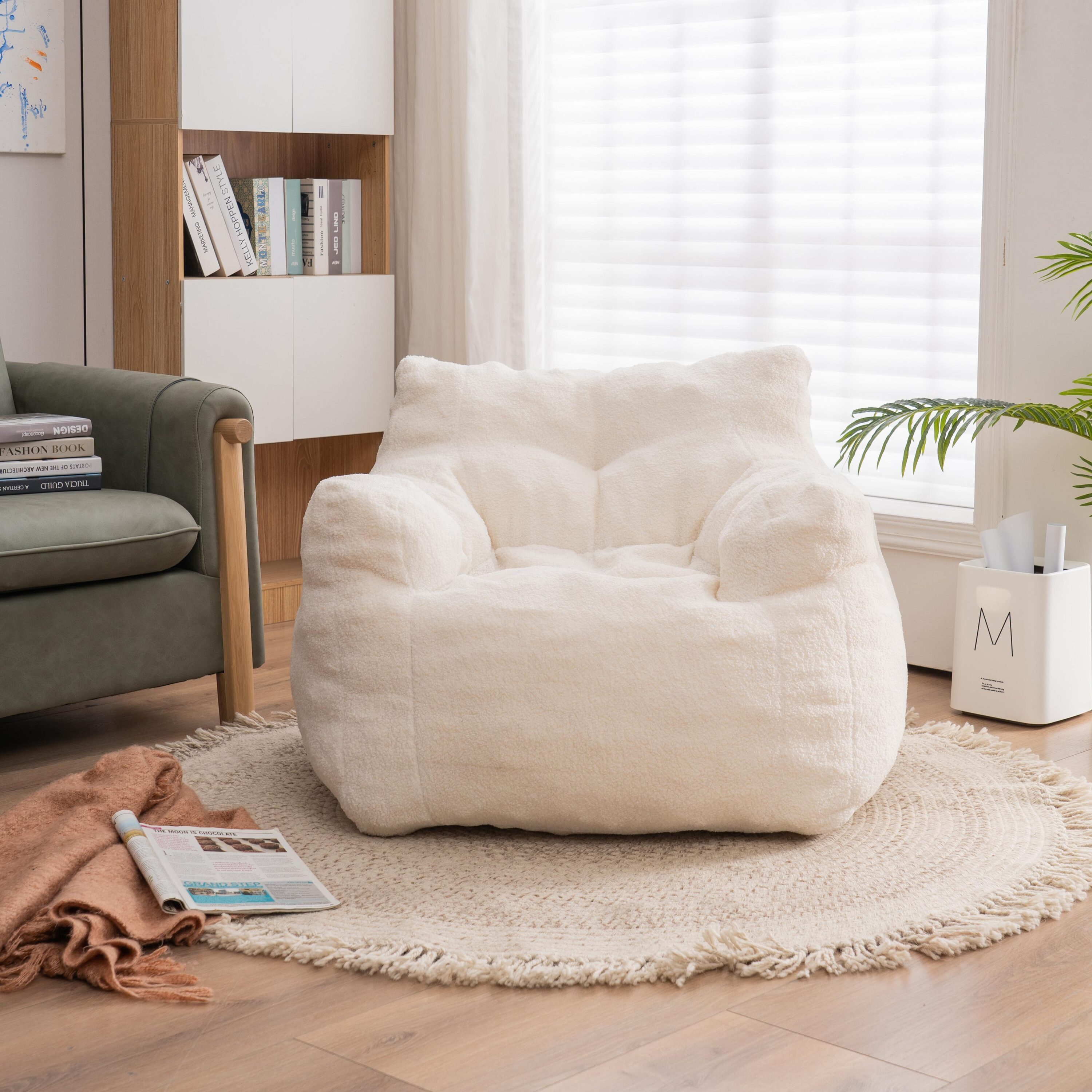 AHIOU Home Chamounix Bean Bag Chair - Ivory Linen Fabric, High-Density Foam Fill, Contemporary Style, Ergonomic Backrest & Armrests - Perfect for