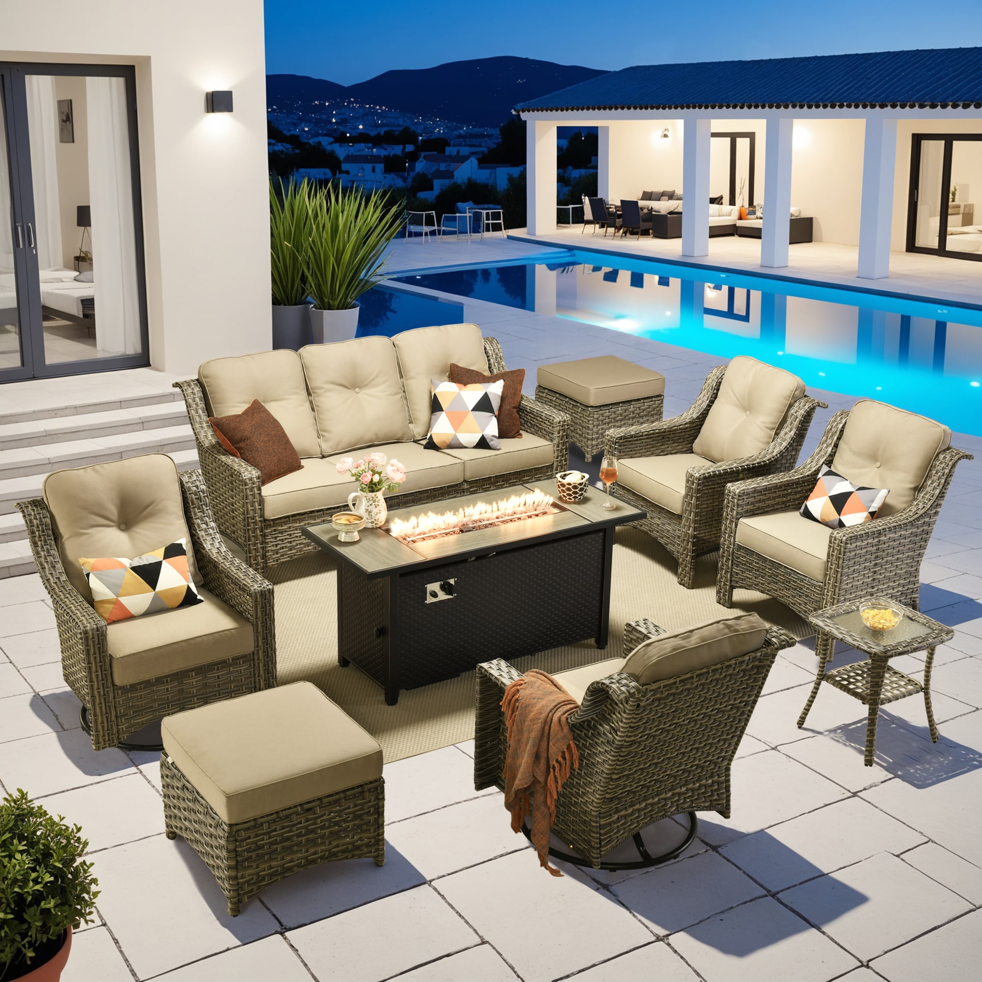 Pouuin SDFPYZPAD609 10 -Piece Wicker Patio Sofa Conversation Set with Beige Cushions