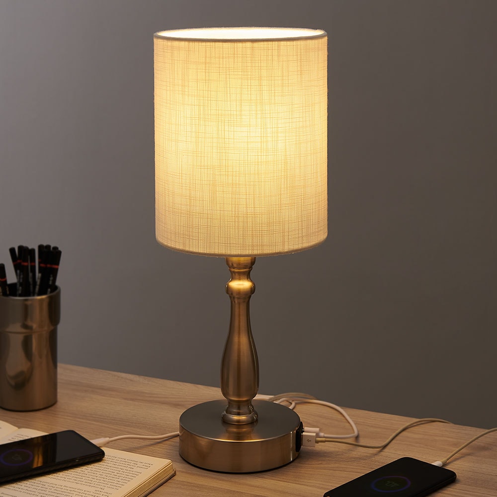 True Fine 16.5-in Brushed Steel LED Touch Table Lamp with Fabric Shade in  the Table Lamps department at