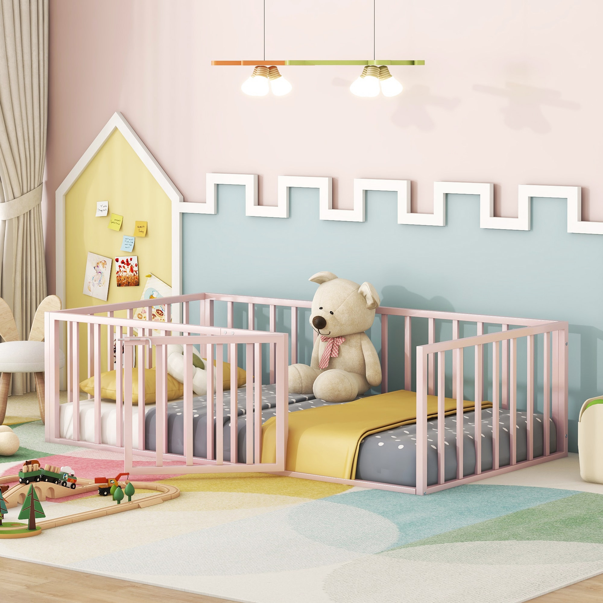Bellemave - Twin Size Low Profile Metal Floor Bed Frame with Protective Fence and Door for Toddle...