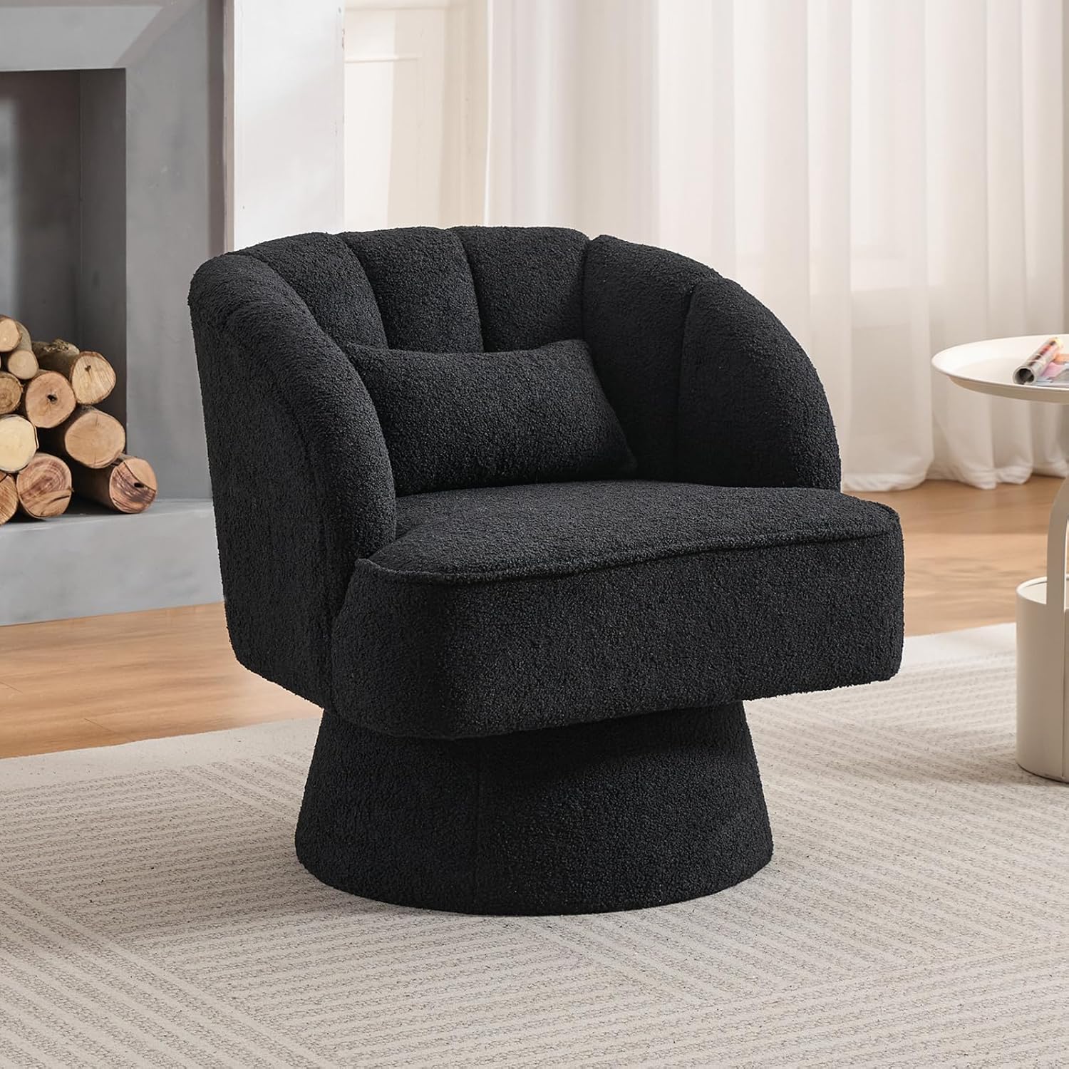 Qeetex PHK-347BCGQN-HNN Black Teddy Fabric Lounge Chair with Striped Backrest and Upholstered Plush Padding for Living Room and Bedroom