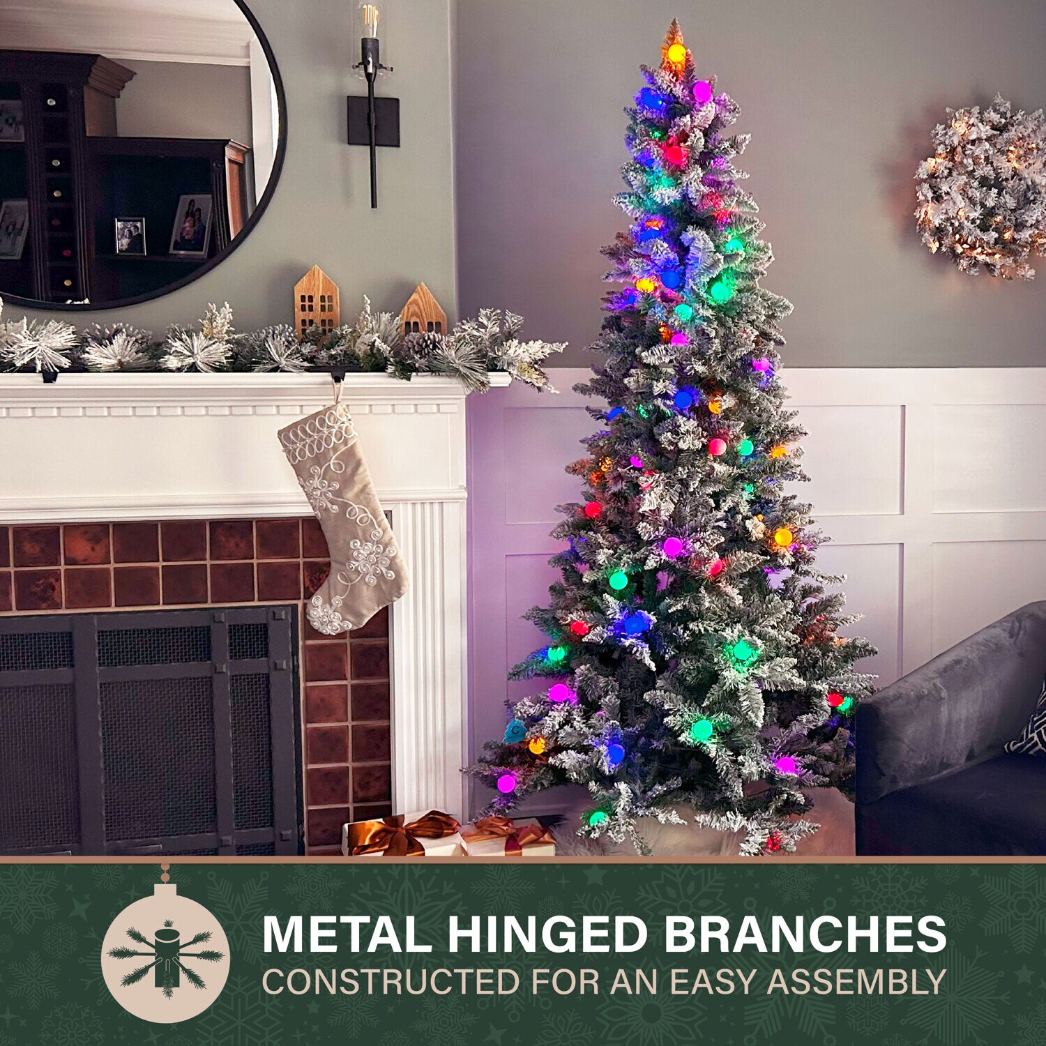 7.5-Ft Slim White Tail Pine Artificial Christmas Tree with Multicolor LED Lights