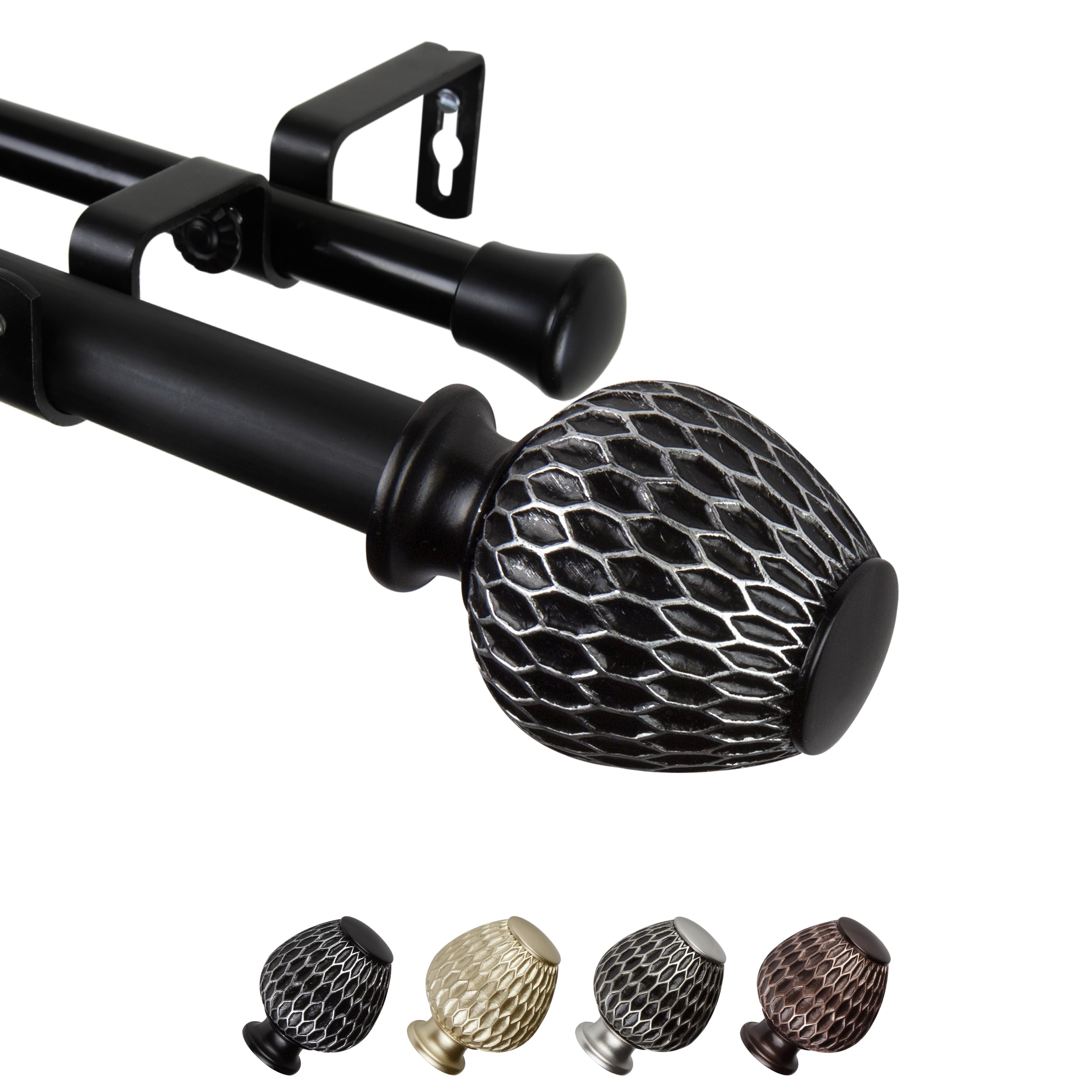 Hart & Harlow L-100-39-662-D Ashley 1-in 66-in to 120-in Black Steel Double curtain rod with Finials