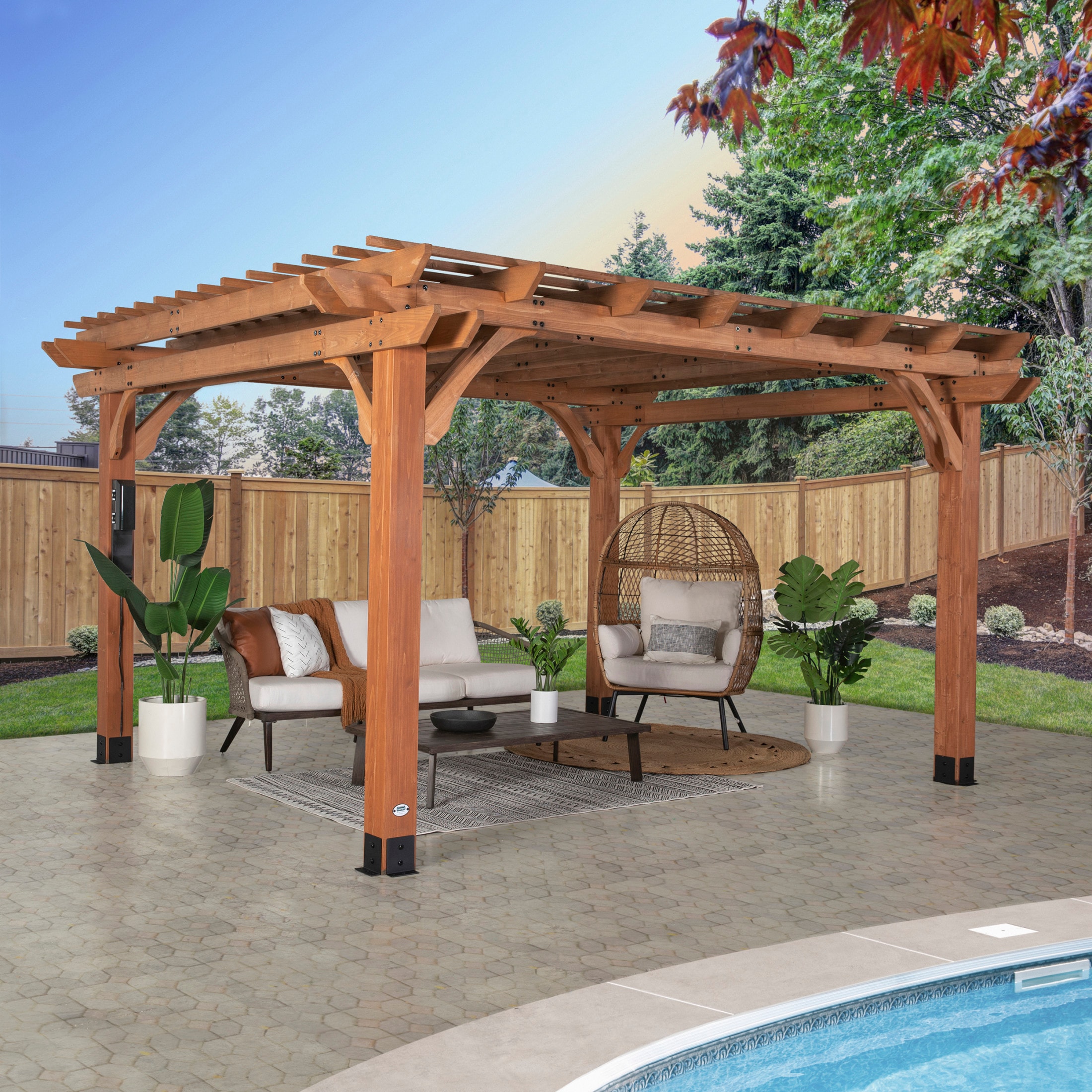 Backyard Discovery 2101555COM Beaumont 12-ft W x 14-ft L x 7-ft 3-in H Brown Wood Freestanding Pergola