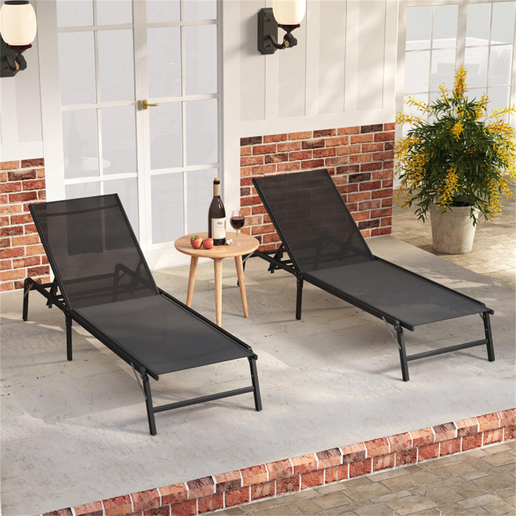 BABOOM BOM-W70895-CO Foldable Patio Chair Set of 2 Black Metal Frame Stationary Chaise Lounge Chair with Black Sling Seat