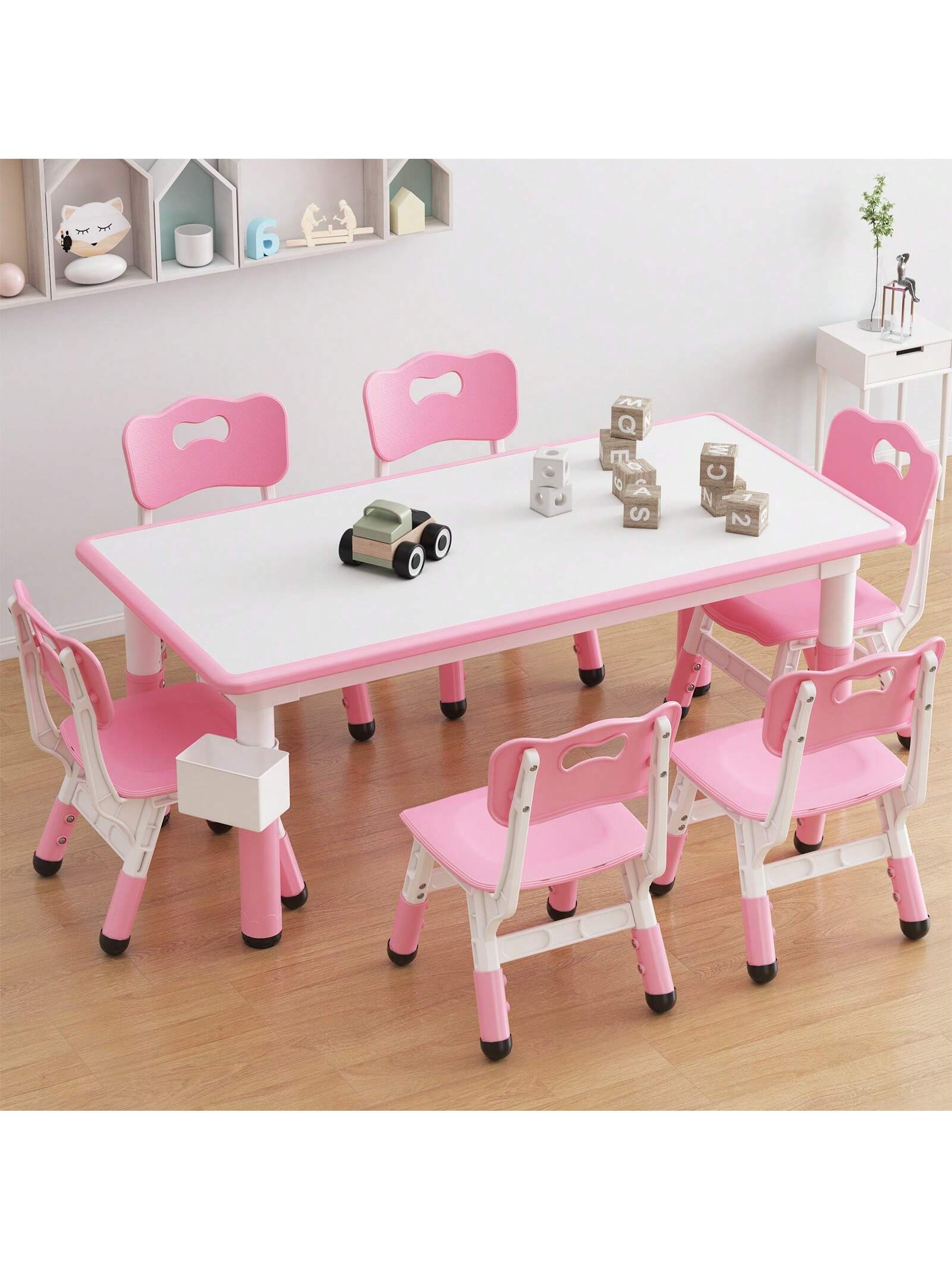 Qeetex PTO-0YXNSZ9N-HF4 Kids Table And 6 Chairs Set With Storage Box. Height Adjustable Toddler Table And Chair Set For Ages 2-10. Graffiti Desktop. Non-Slip Legs. Children Activity Table For Daycare Classroom Home (Beige/Grey/Pink)