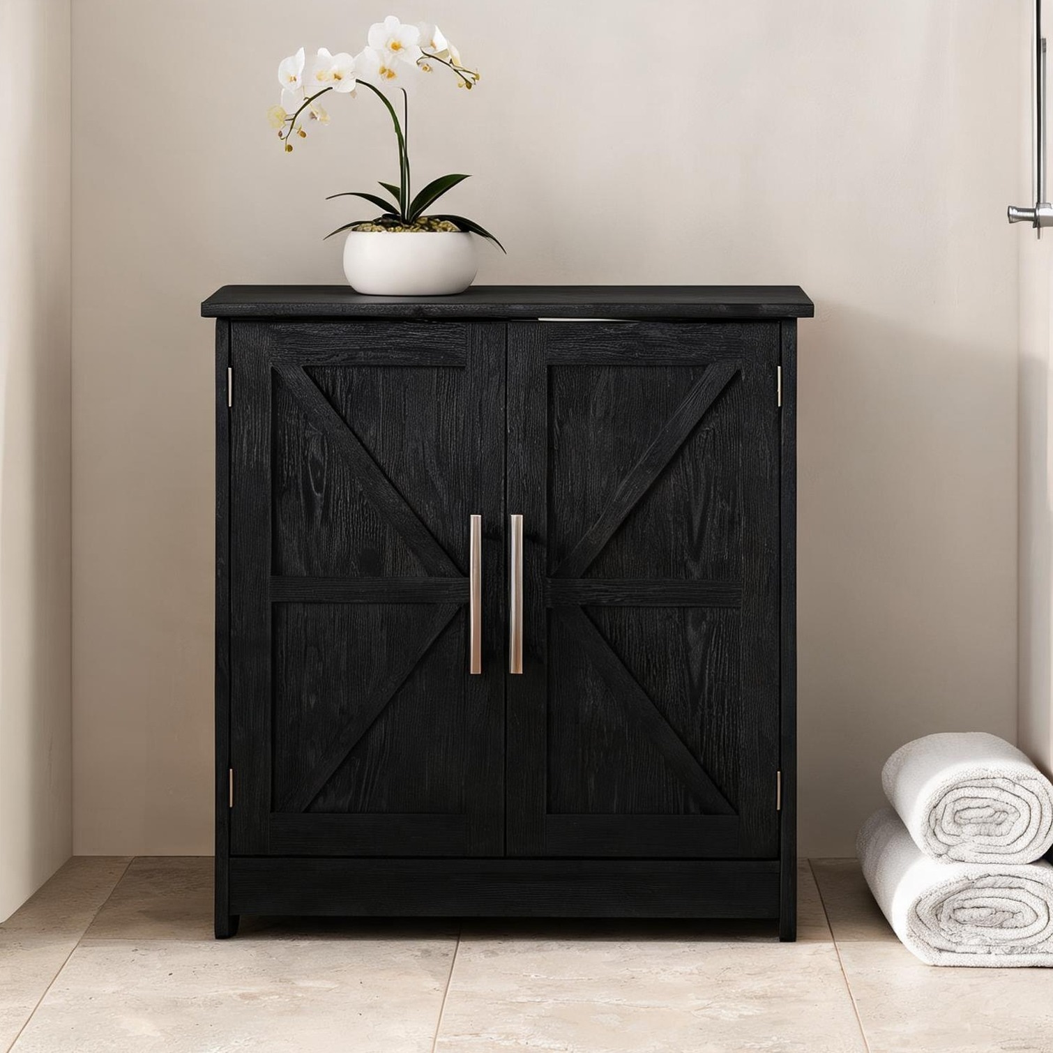 Watnature MDF Bathroom Pedestal Sink Storage Cabinet Jet Black Farmhouse Style 23.6 W x 23.6 H