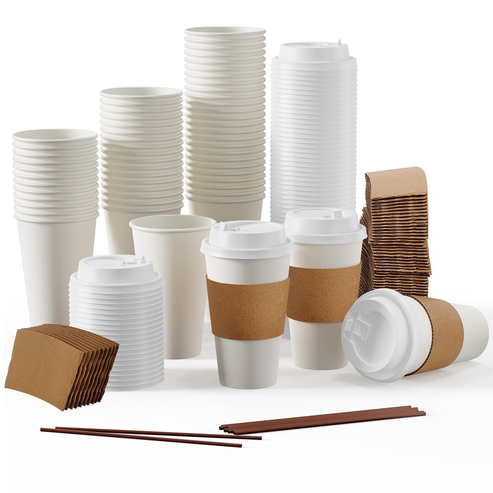 Anqtovp  100 pack 16 oz paper coffee cups with lids sleeves and stirrers disposable hot cold drink cup for coffee tea water or juice suitable for