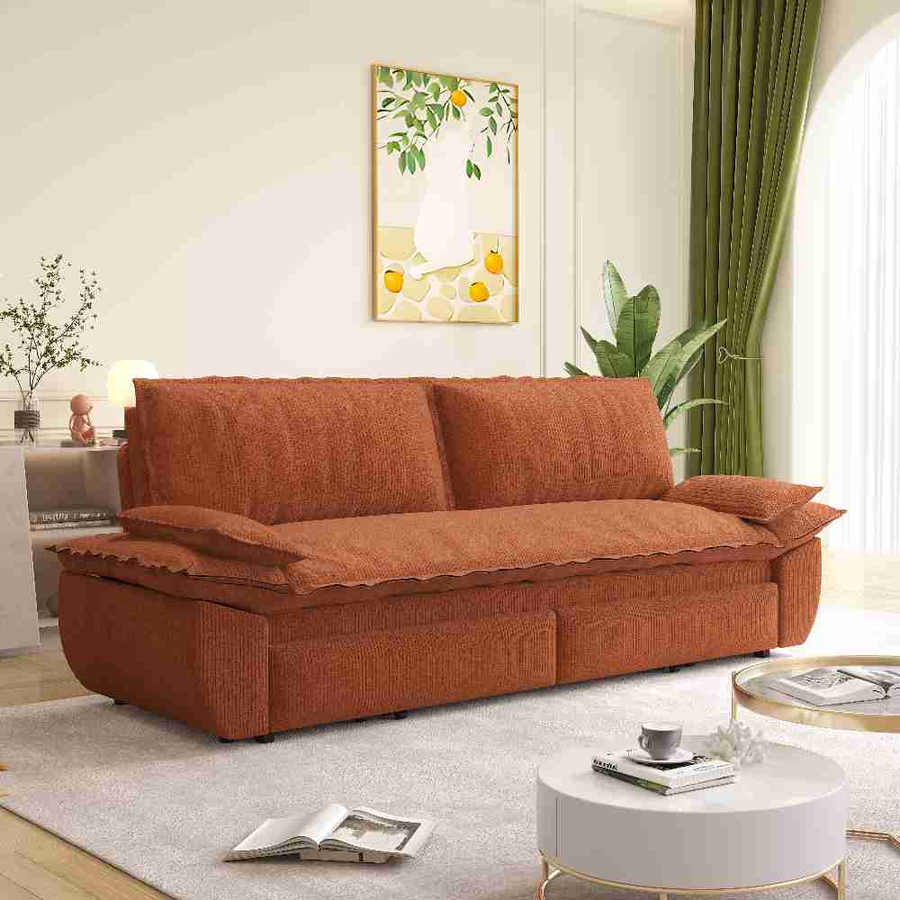 Coolbibila 73-inch Queen Size Pull Out Sleeper Sofa Bed 3 in 1 Orange Corduroy Loveseat with Iron Frame