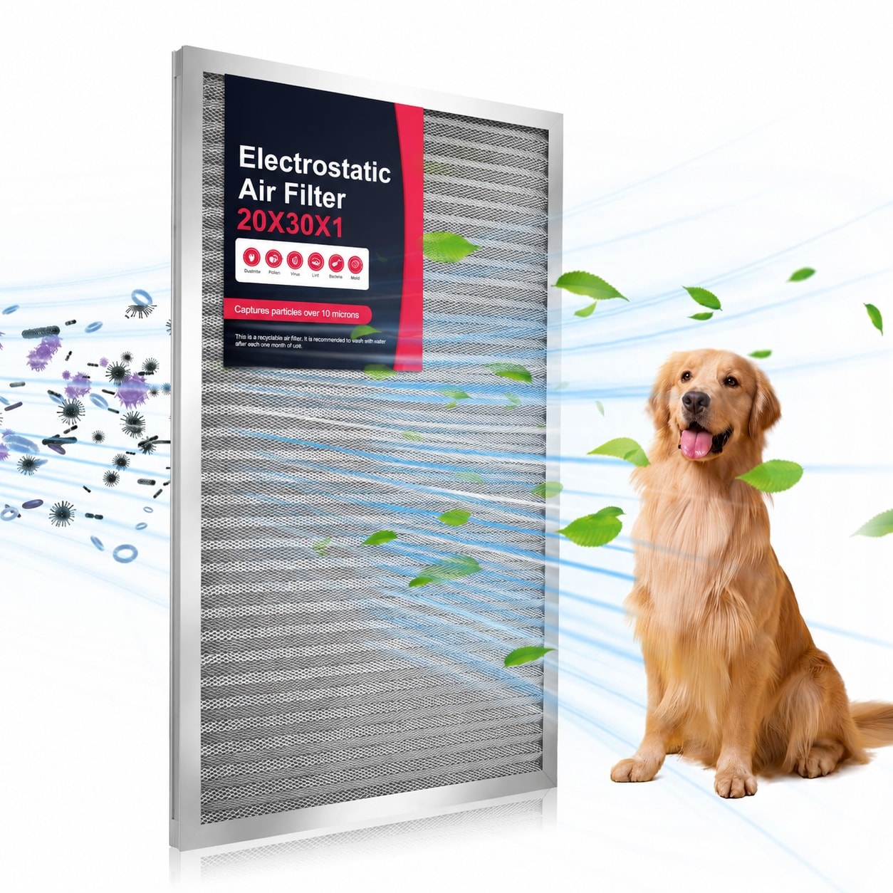 Anqtovp  20x30x1 Washable Reusable Electrostatic Air Filter MERV8 Permanent AC HVAC Furnace Filter Captures Pollen Pet Hair Easy Install