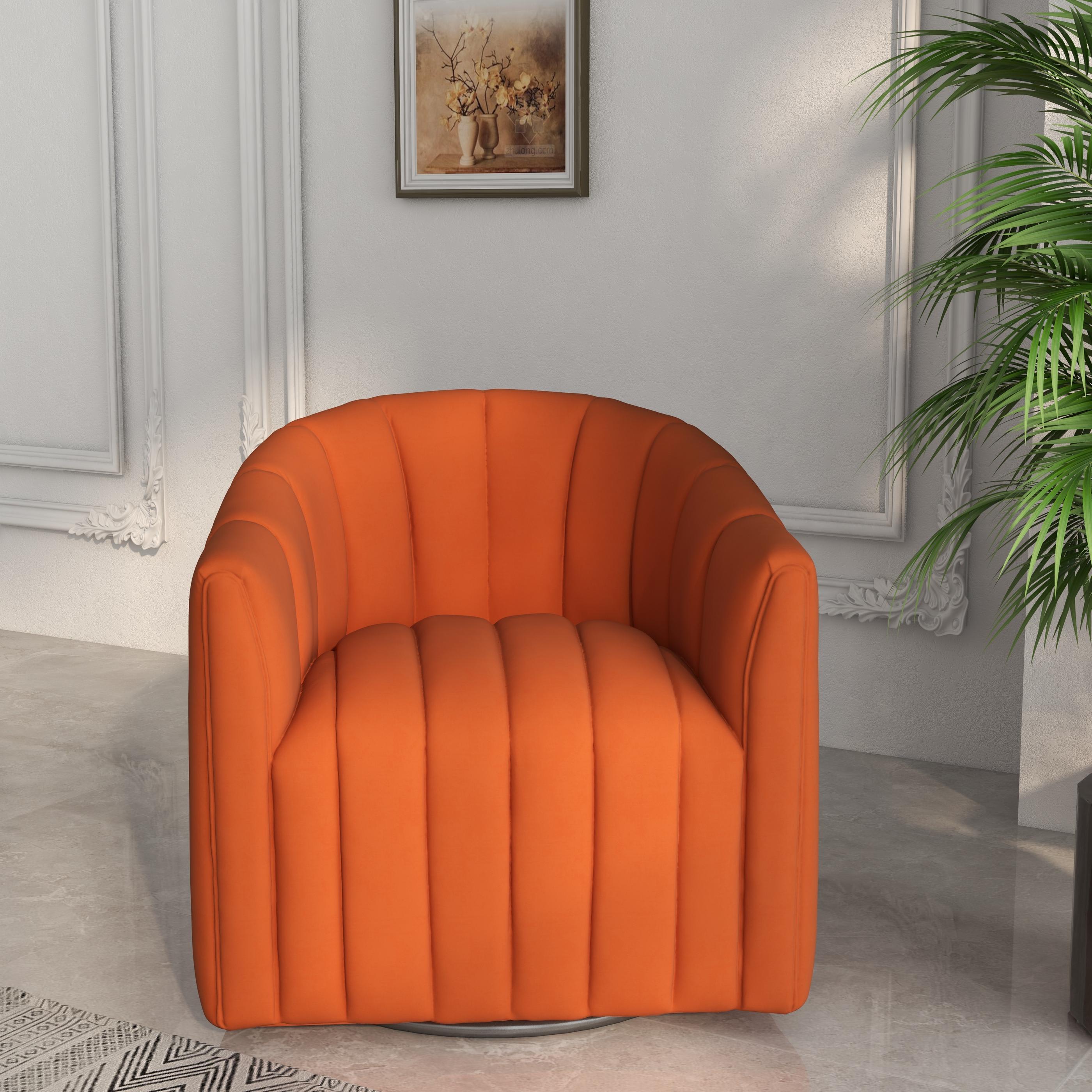 SEYNAR XY614-ORANGE Modern Velvet Curved Swivel Accent Barrel Chair with Metal Base