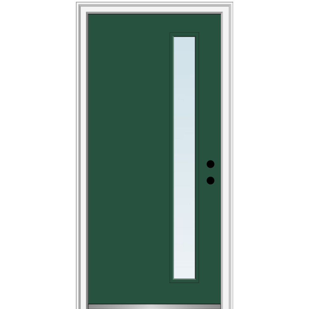 MMI DOOR ZZ348501L 32-in x 80-in x 6-9/16-in Fiberglass Pulse lite Left-hand inswing Hunter Green Painted Prehung Front Door with Brickmould Insulating core