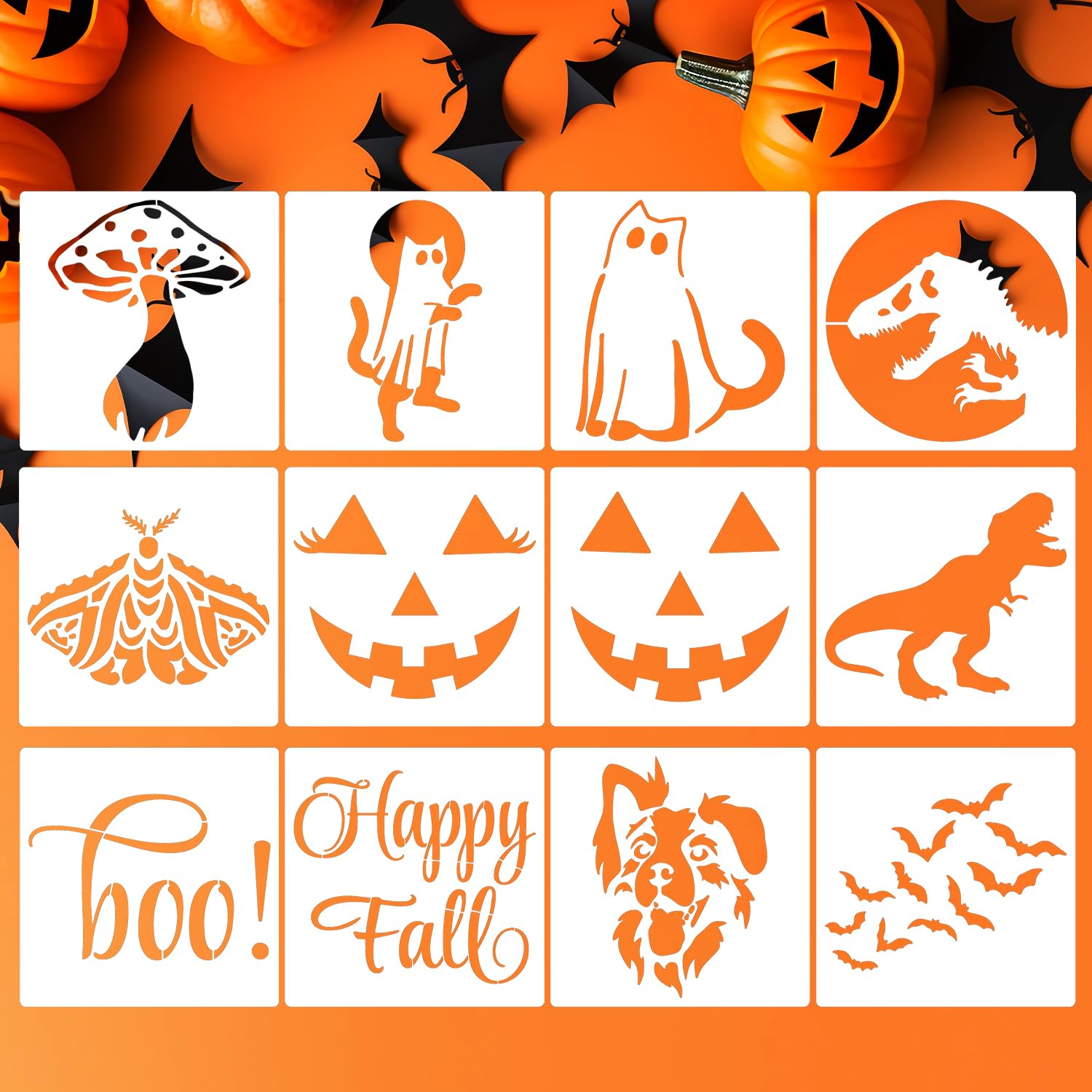 KIWDZFU  Halloween Stencils Eight Inch Pumpkin Carving Stencils Boo Templates for Painting on Wood Fabrics Crafts and Decor Set of Twelve
