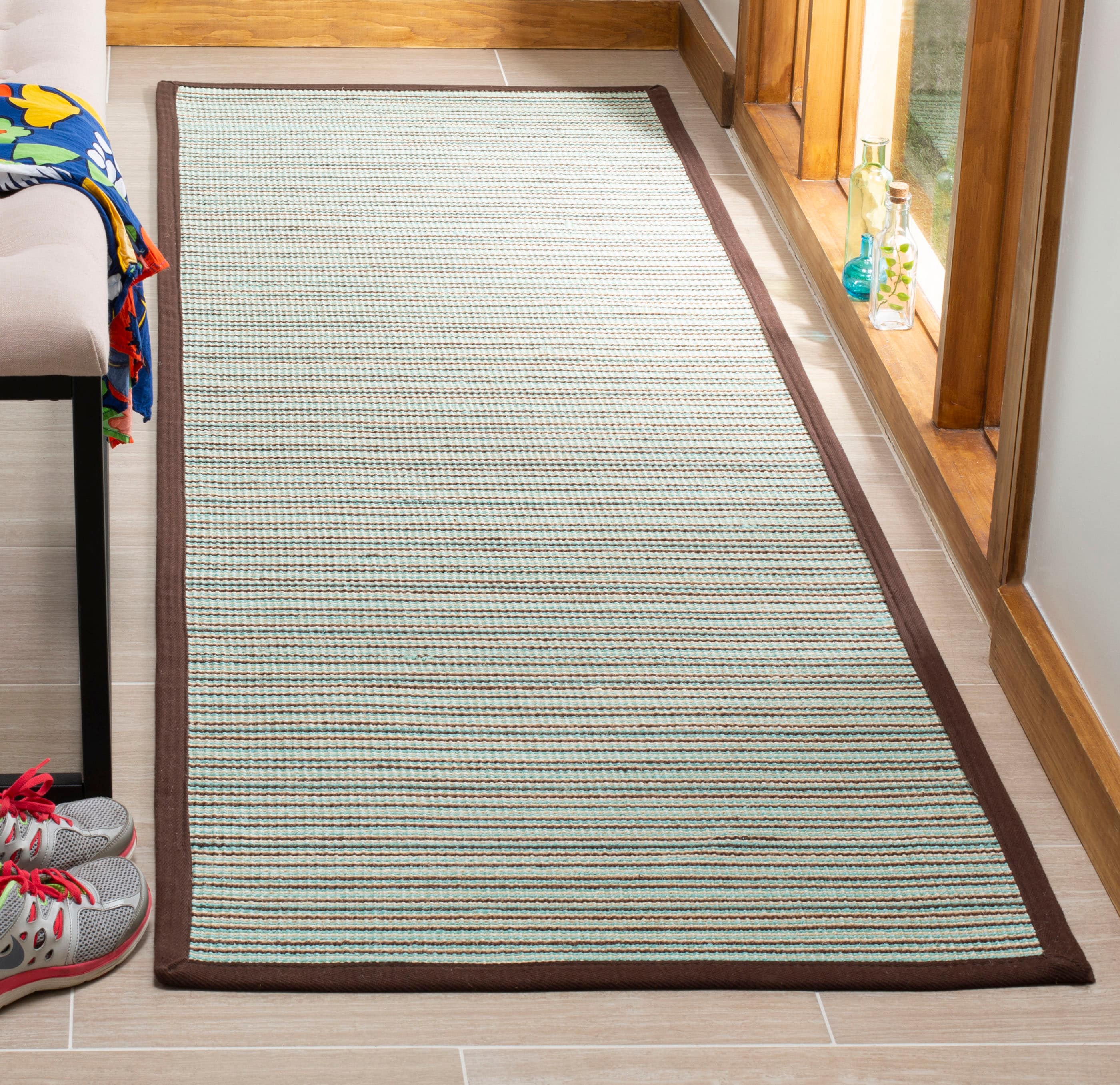 Safavieh NF132C-28 Natural Fiber Bonita 3 x 8 (ft) Loomed Sisal Teal/Brown Rectangular Indoor Stripe Runner rug