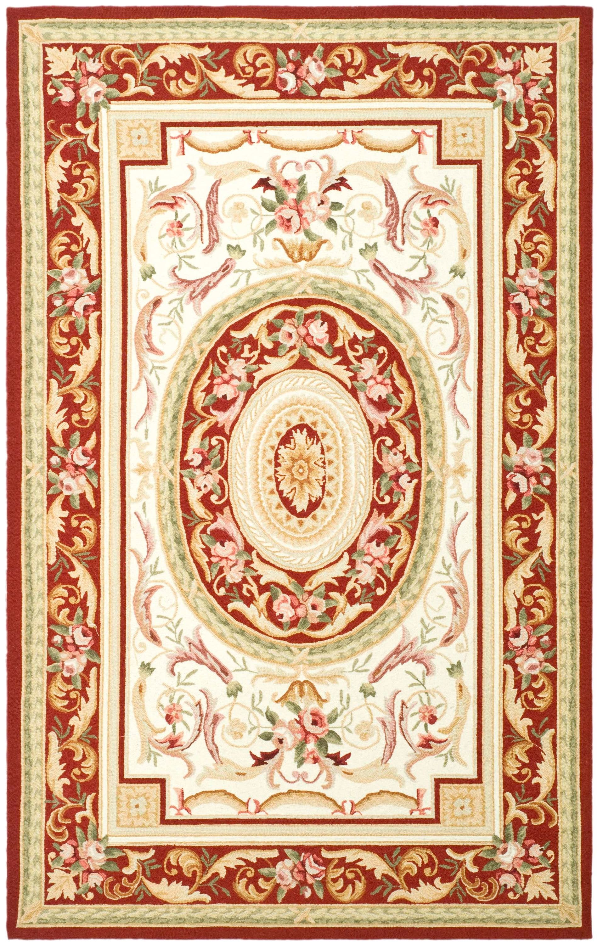 Safavieh HK72A-8 Chelsea Aubusson 8 x 10 (ft) Hooked Wool Ivory/Burgundy Rectangular Indoor Floral/Botanical Area rug