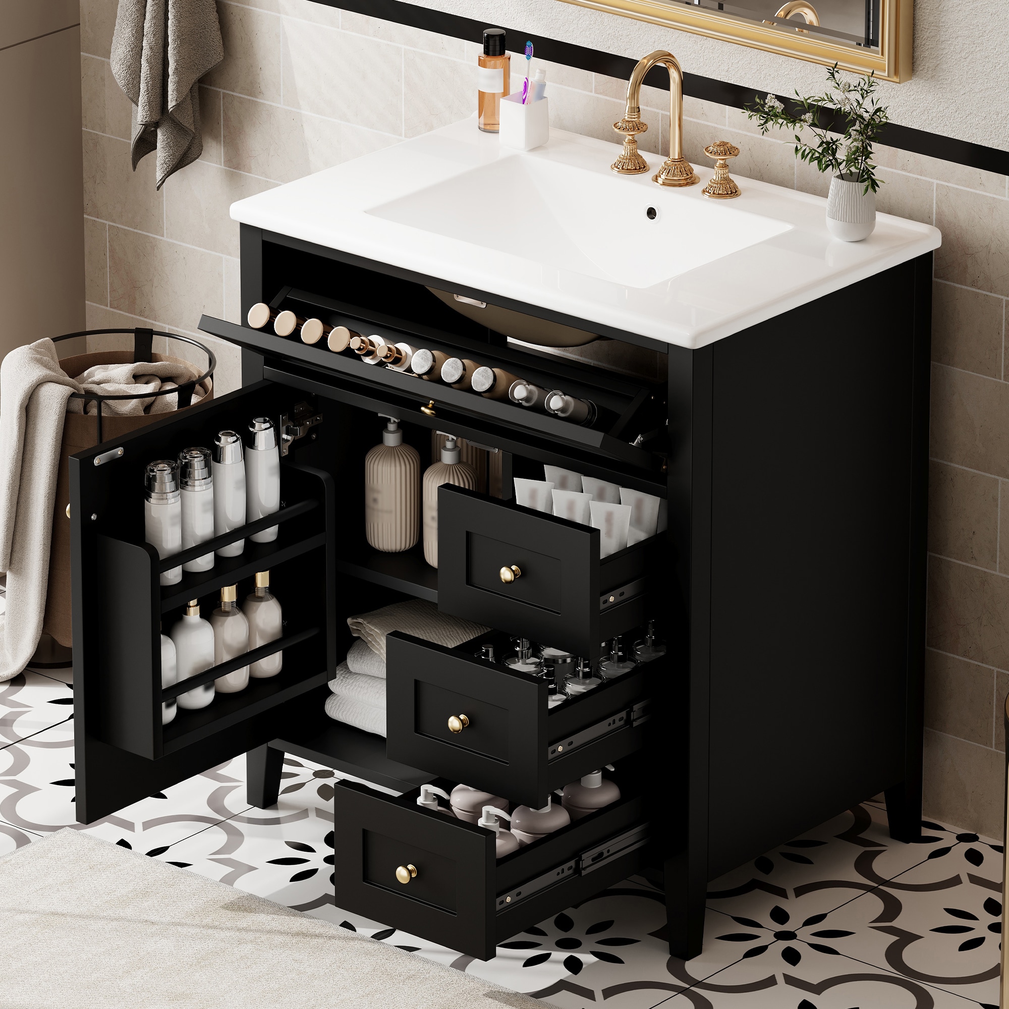 Qualler - 30 Inch Bathroom Vanity with Sink and 3 Drawers Adjustable Shelf Left Door - Black