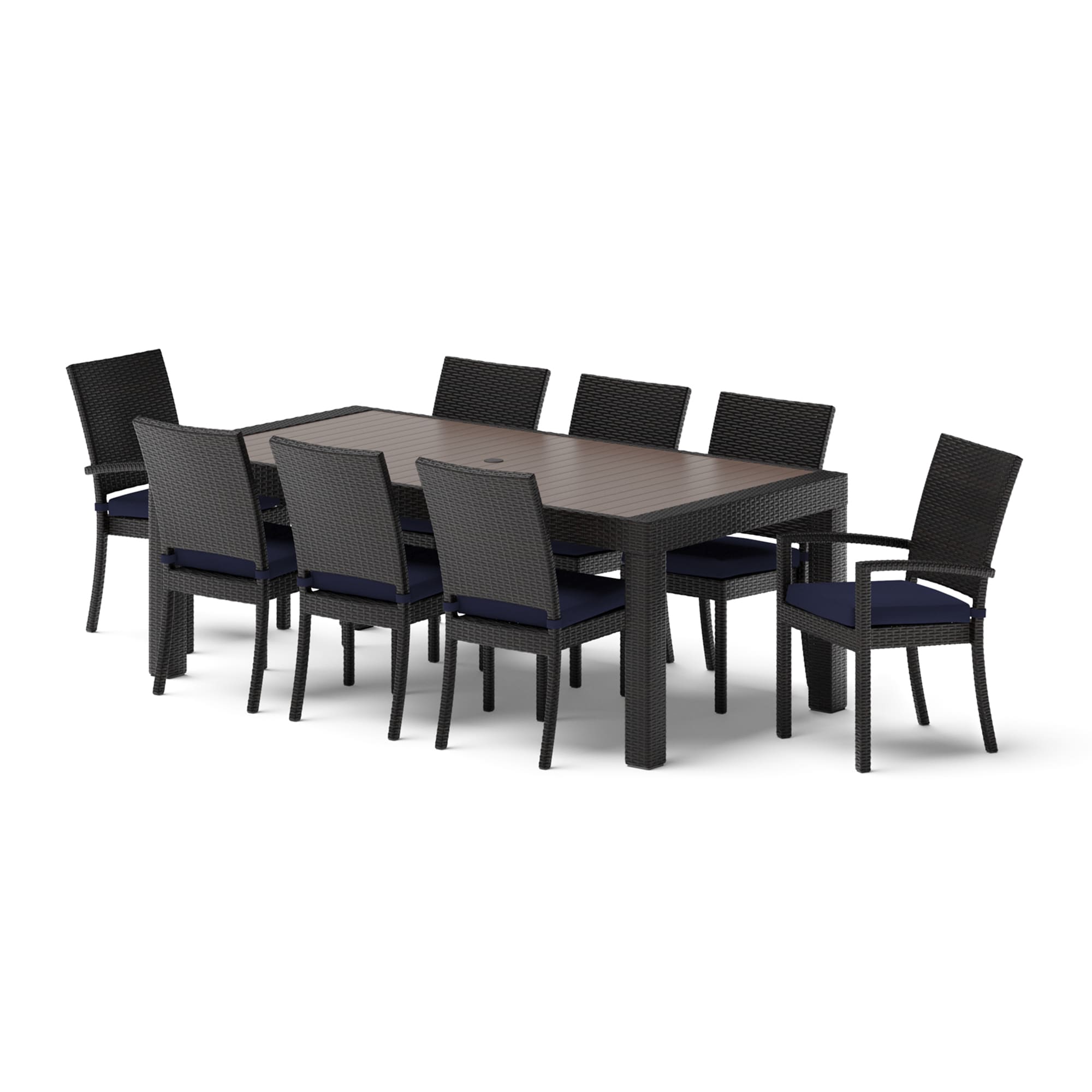 RST Brands OP-PETS9-DEC-NVY-K Deco 9 -Piece Espresso Wicker Patio Dining Set Wicker Rectangle Table with 8 Navy Cushions Stackable Stationary and Motion Chairs