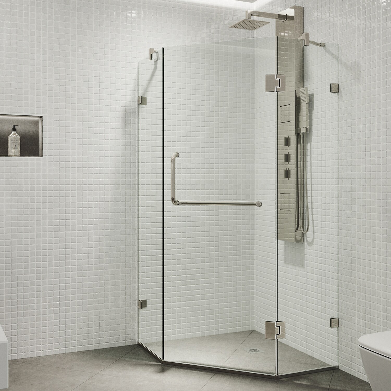 VIGO VG6062BNCL38 Piedmont Brushed Nickel 36-in W x 73-in H Frameless Corner Neo Angle Hinged Shower Door 3/8-in Thick Clear Glass