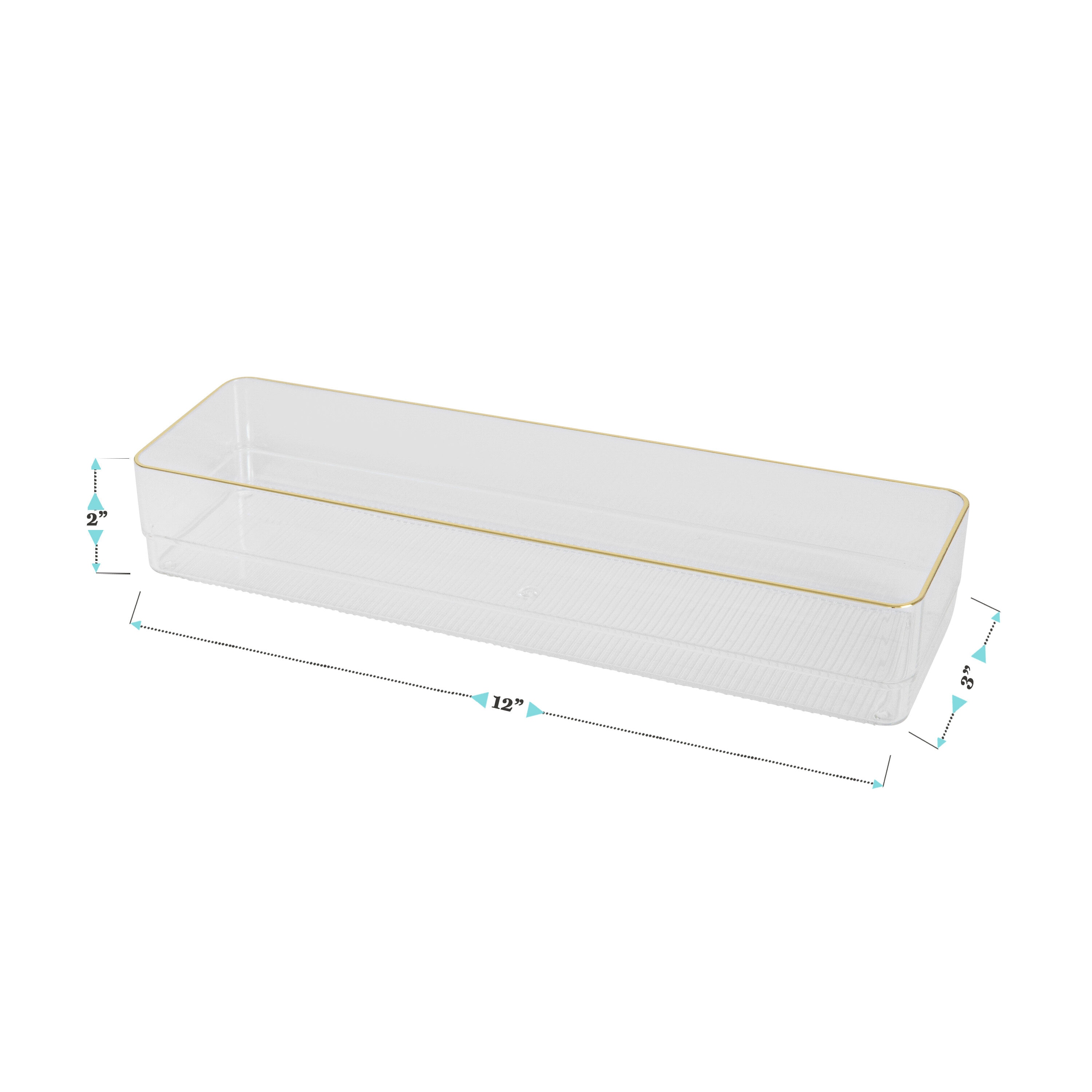 Martha Stewart Clear Plastic Stackable Desk Drawer Organizers with Gold Trim, 12" x 3"