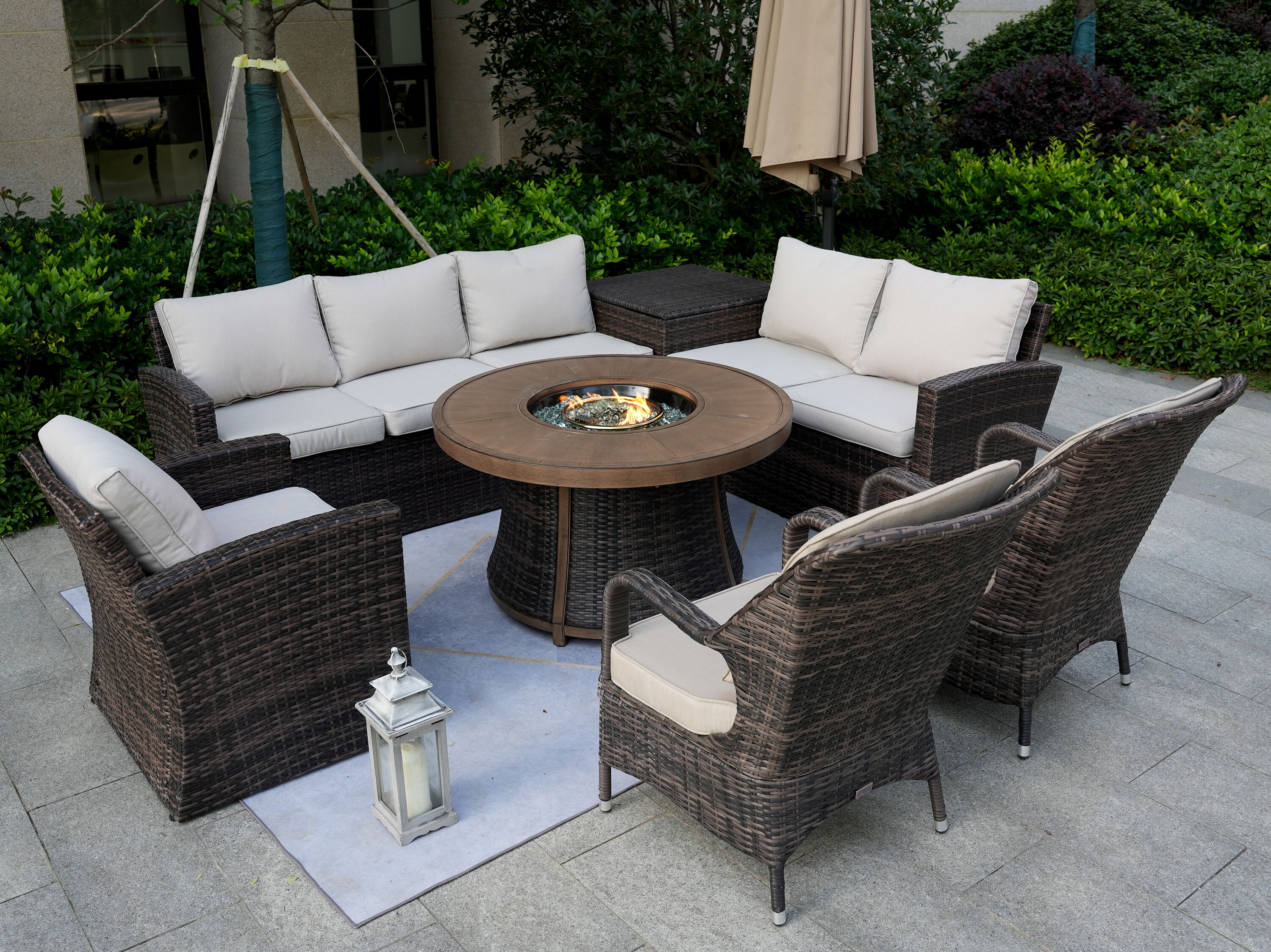 Moda Furnishings G3R-1403B-009-BR 7 -Piece Wicker Patio Sofa Conversation Set with Brown Cushions