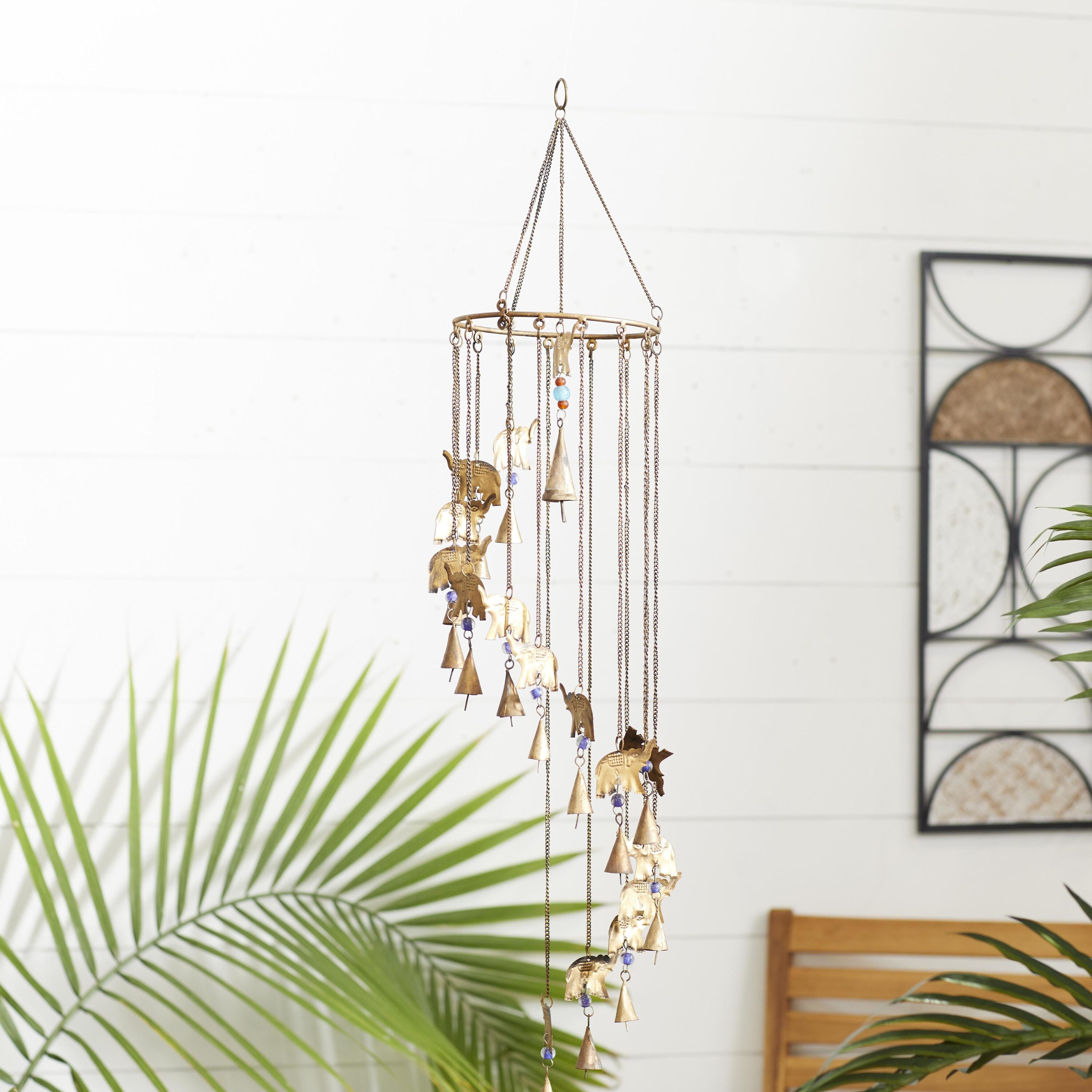 Grayson Lane 24282 36-Inches Gold Elephant with Beads and Cone Bells Metal Elephant Wind Chime