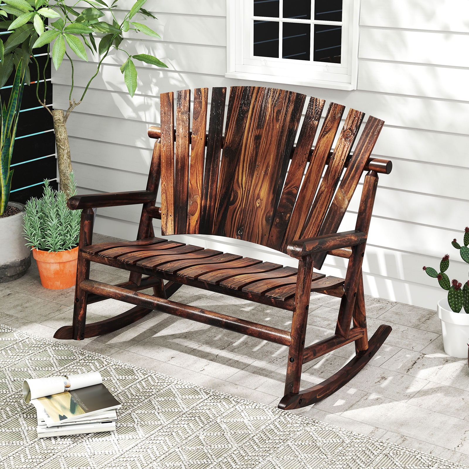 Forclover CBM-445 RusticRock Brown Wood Frame Adirondack Chair with Slat Seat