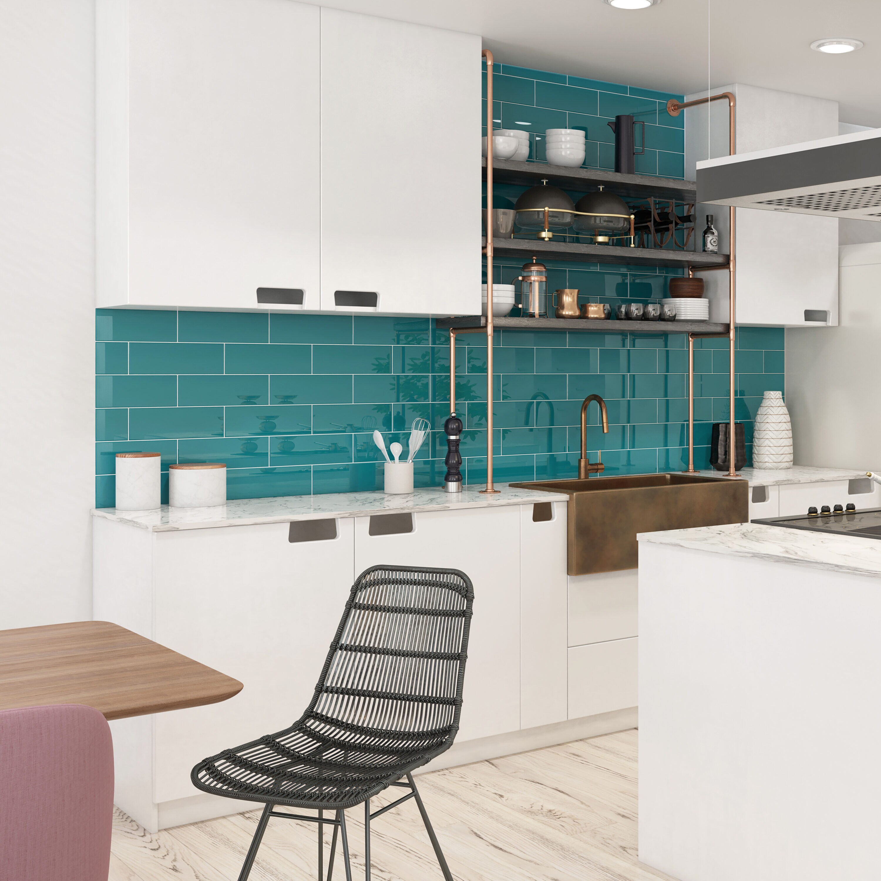 Pastel Turquoise And Polished Nickel Recall The Sea In This Kitchen