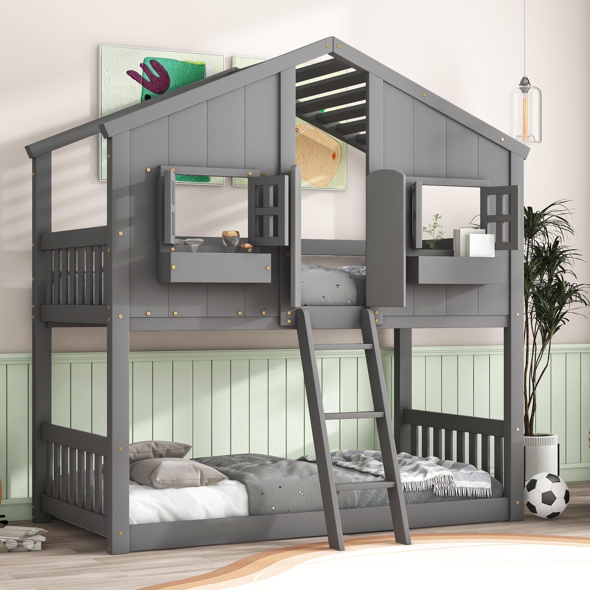 LUXEYARD Twin over Twin House Bunk Bed with Roof Window Window Box Door ...