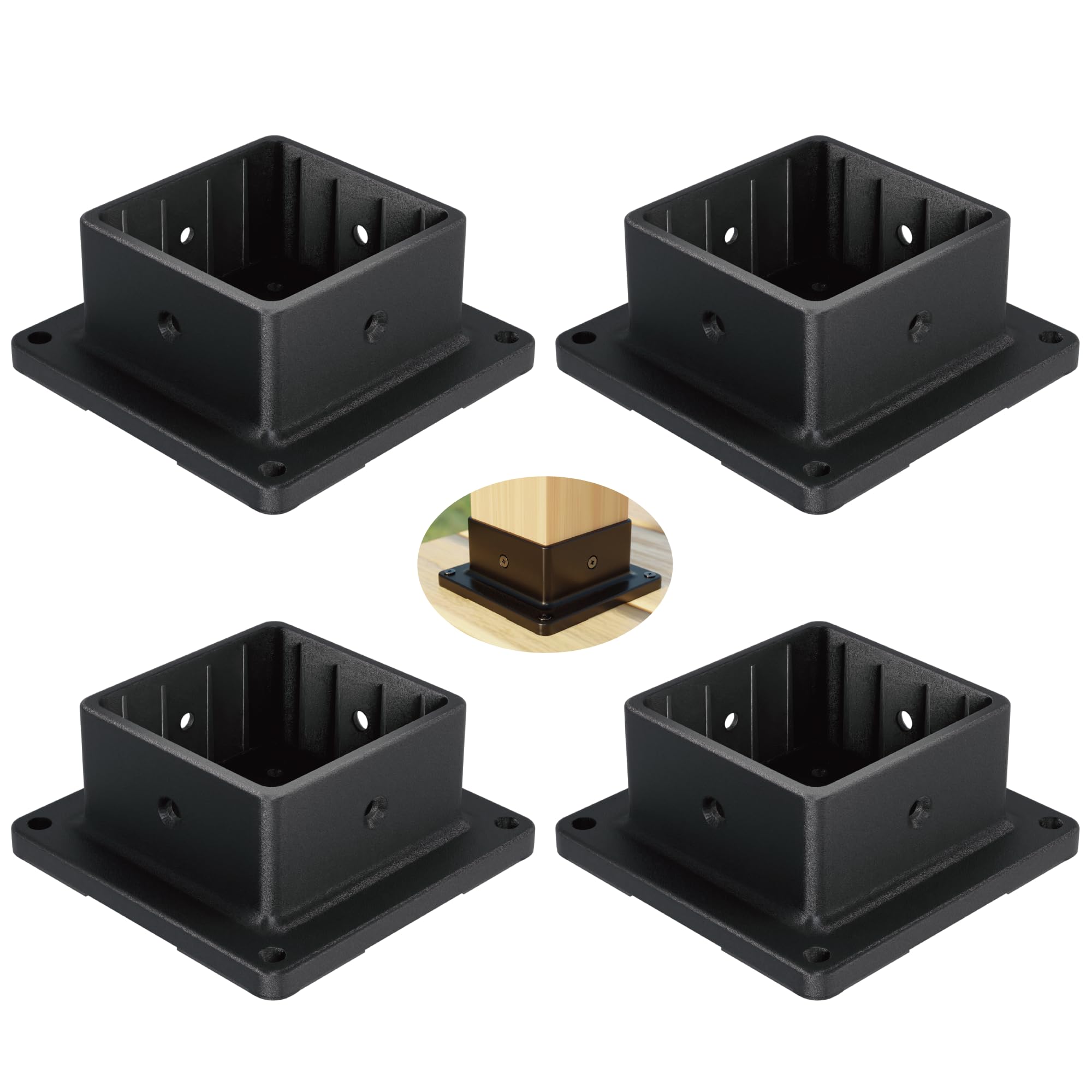 Afoxsos  4 Pack 4x4 Post Base Support Kit Plastic Brackets for Outdoor Wooden Fence Mailbox Pergola Black Powder Coated UV Resistant Includes