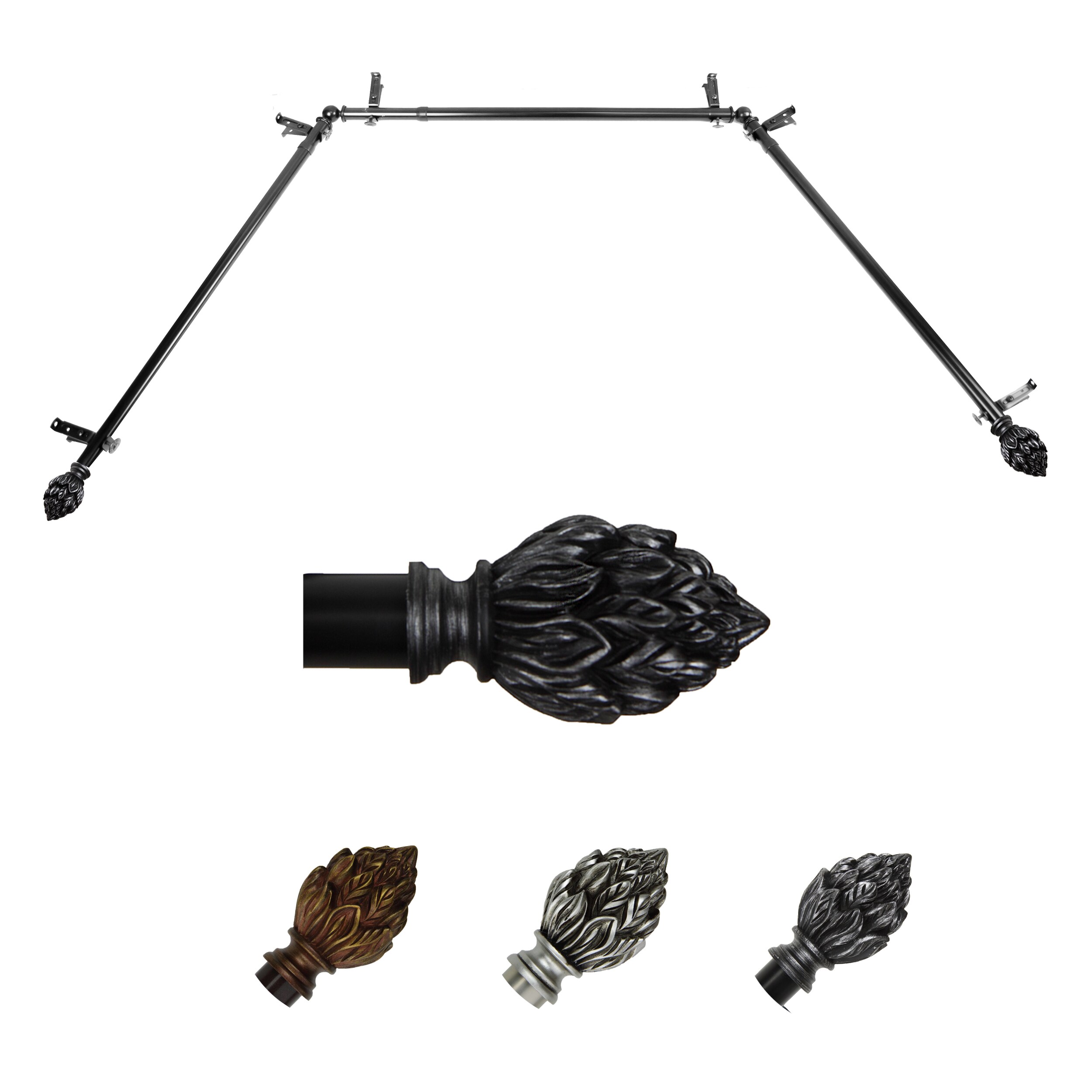 Hart & Harlow L-ABAY-12-2 Moretti 13/16-in Bay Black Steel Bay window curtain rod with Finials
