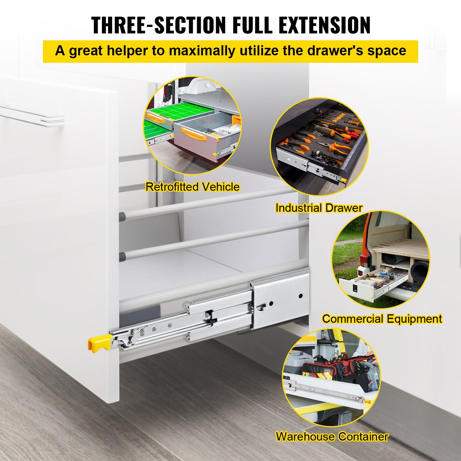 VEVOR Drawer Slides, 1 Pair 22 Inch Heavy Duty Drawer Slides, Ball Bearing  Side Mount Drawer Hardware Slides, 500 LBS Load Capacity 3-Section Full