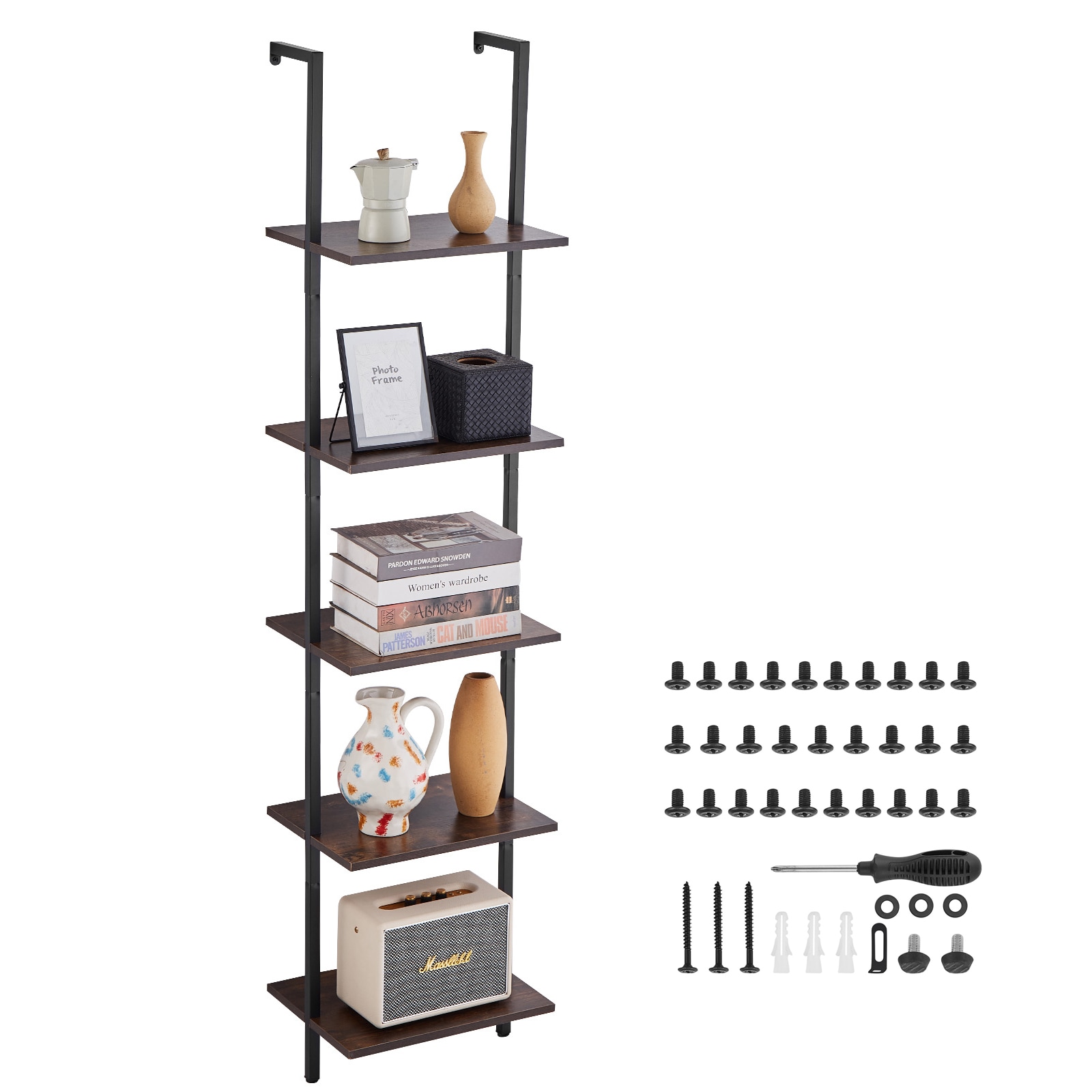 GIVIMO - 15.75-in W x 70-in H 5-Tier Ladder Bookshelf with Black Metal Frame