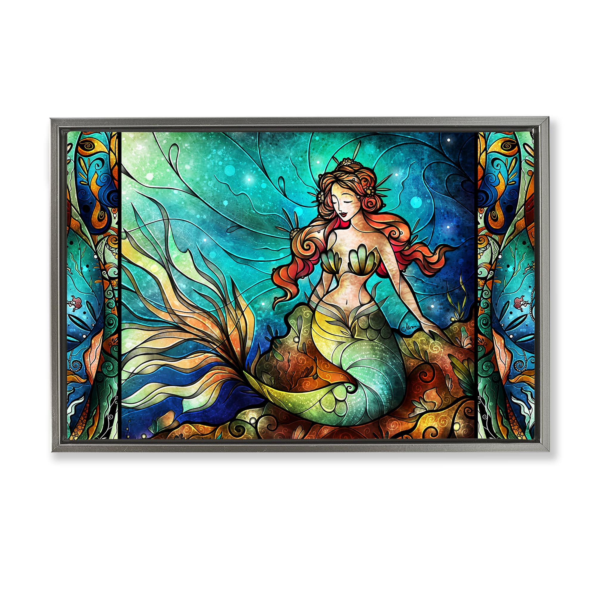 Stupell Industries BS-977-FFL-16X24 Elegant Seated Mermaid Gray Framed Floater Canvas Wall Art By Mandie Manzano 25 x 17