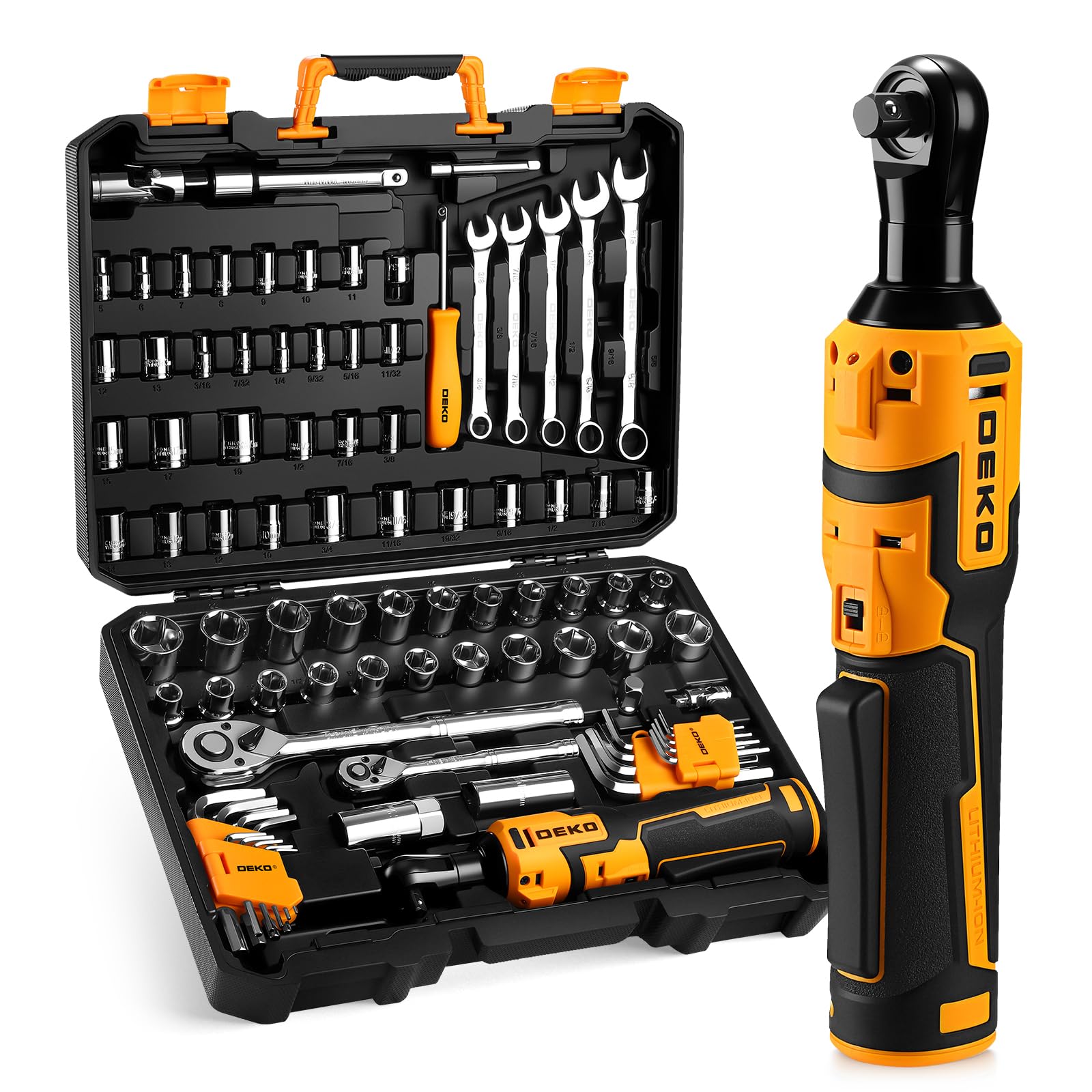 DEKOPRO 74 Pcs Electric Ratchet Wrench Tool Kit with Adjustable Speed