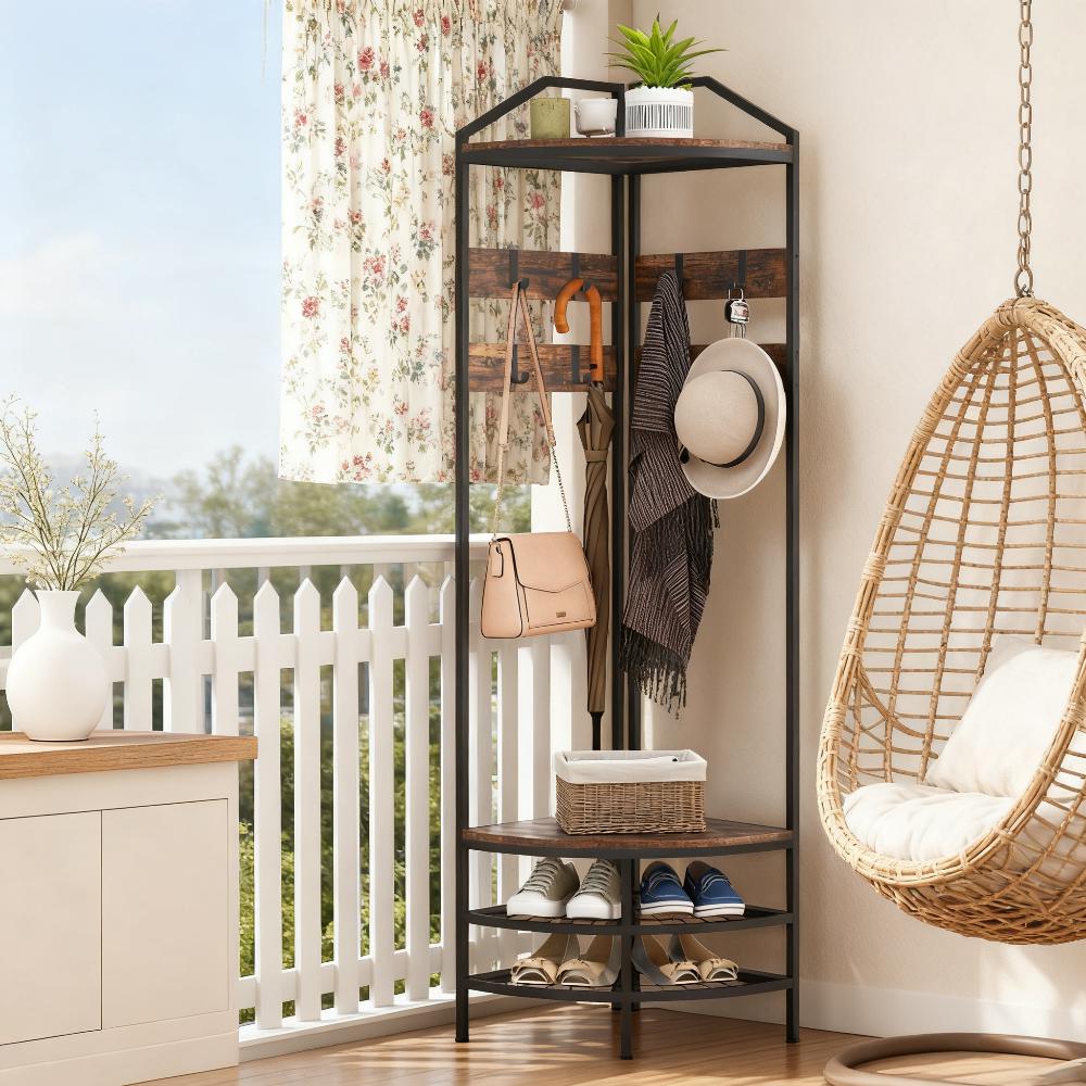 Blisstyle Coat Rack Corner Hall Tree Industrial 4 Tier Coat Rack with Shoe Storage 8 Movable Hooks and 2 Shelves 17.7Inch W x 17.7Inch D x 70.9Inch H Entryway Shoe Storage Organizer Bench Shoe Shelf Shoe Rack
