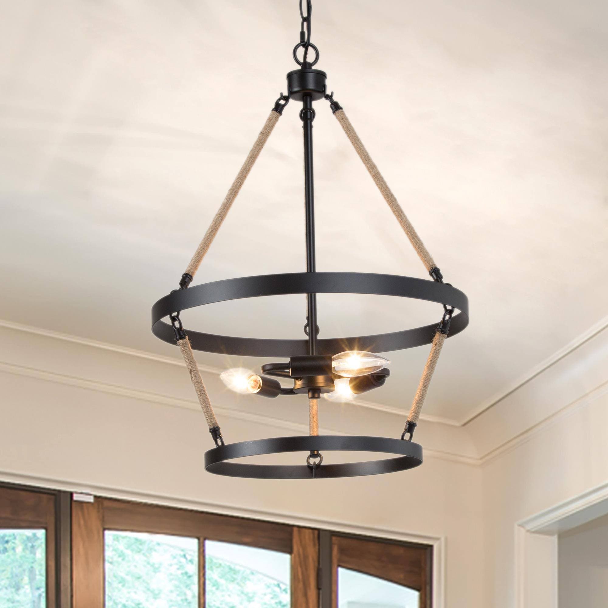 LNC UMUN3ULWS4124D7 Mocha 3 -Light Matte Black Farmhouse Cage For Use in Bedrooms, Dining Rooms, Foyers, Kitchens, Living Rooms Chandelier
