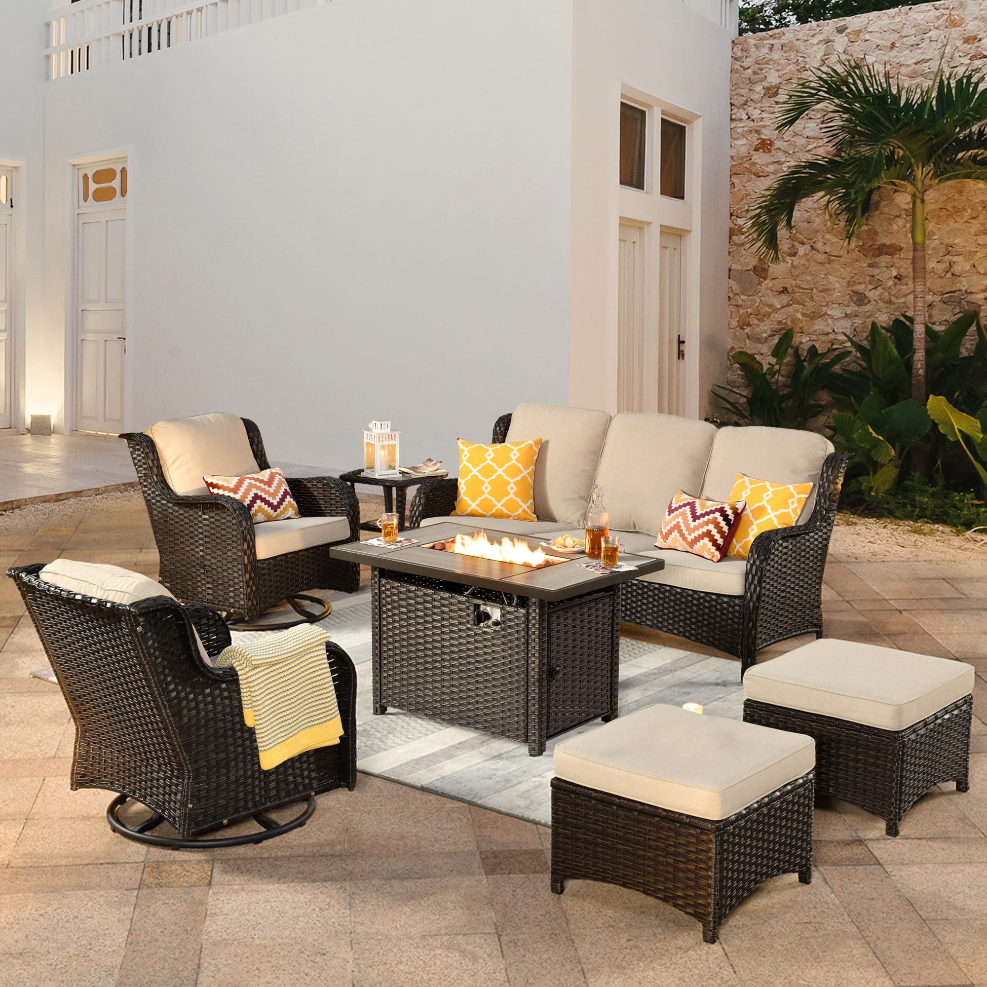 XIZZI XIMW9074-RCFP Vesta 7 -Piece Wicker Patio Sofa Conversation Set with Off-white Cushions