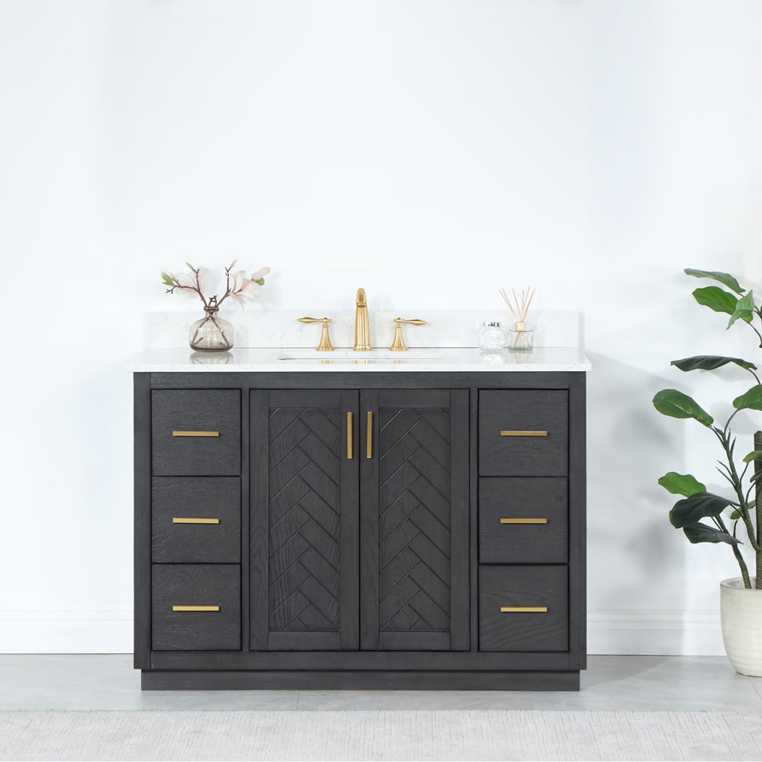 Altair 543048-BN-GW-NM Gazsi 48-in Brown Oak Undermount Single sink Bathroom Vanity with Grain White Engineered marble Top