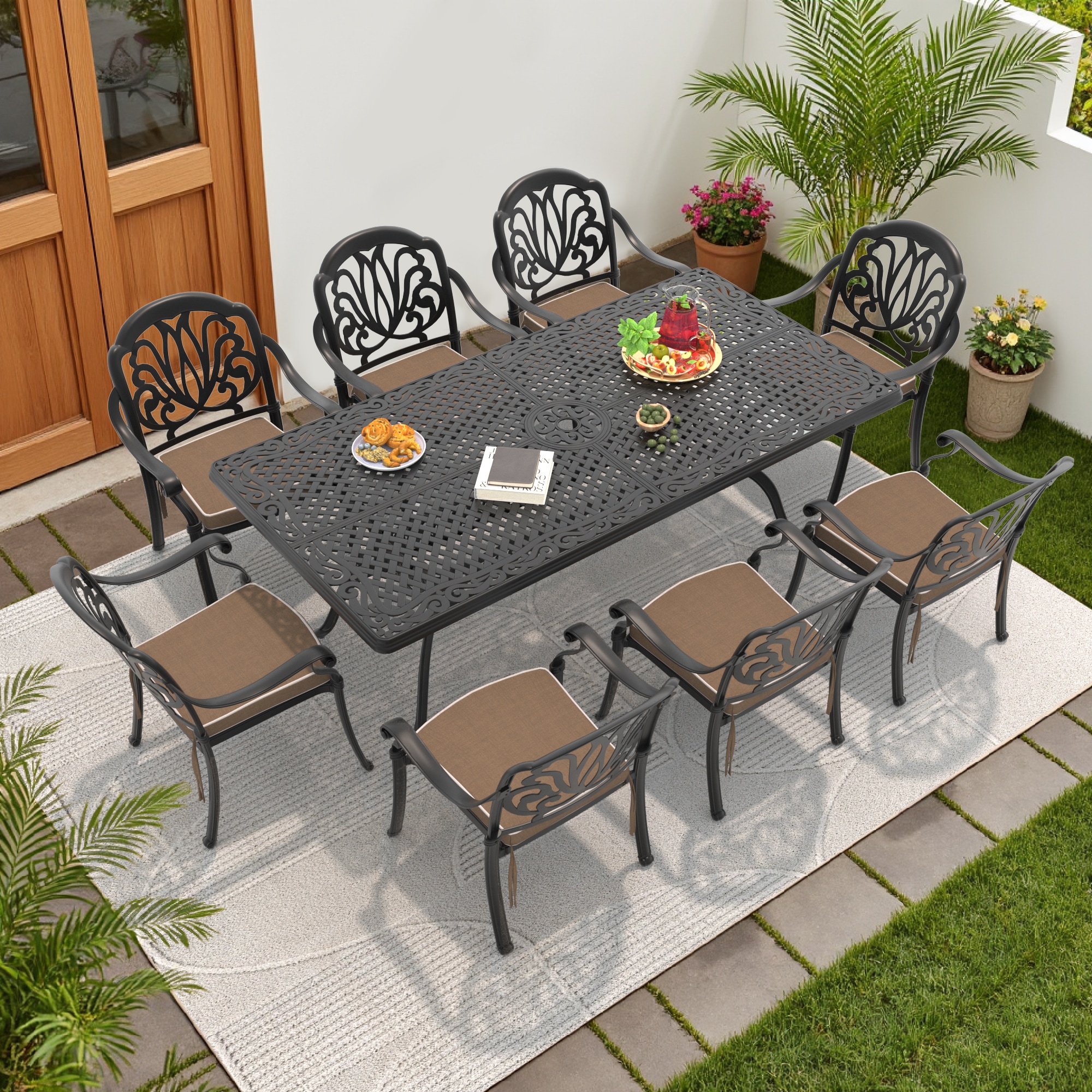 nicesure SLBK6002CZ8A1175RC 9 -Piece Black Patio Dining Set Aluminum Rectangle Table with 8 Cushions Stackable Stationary Chairs