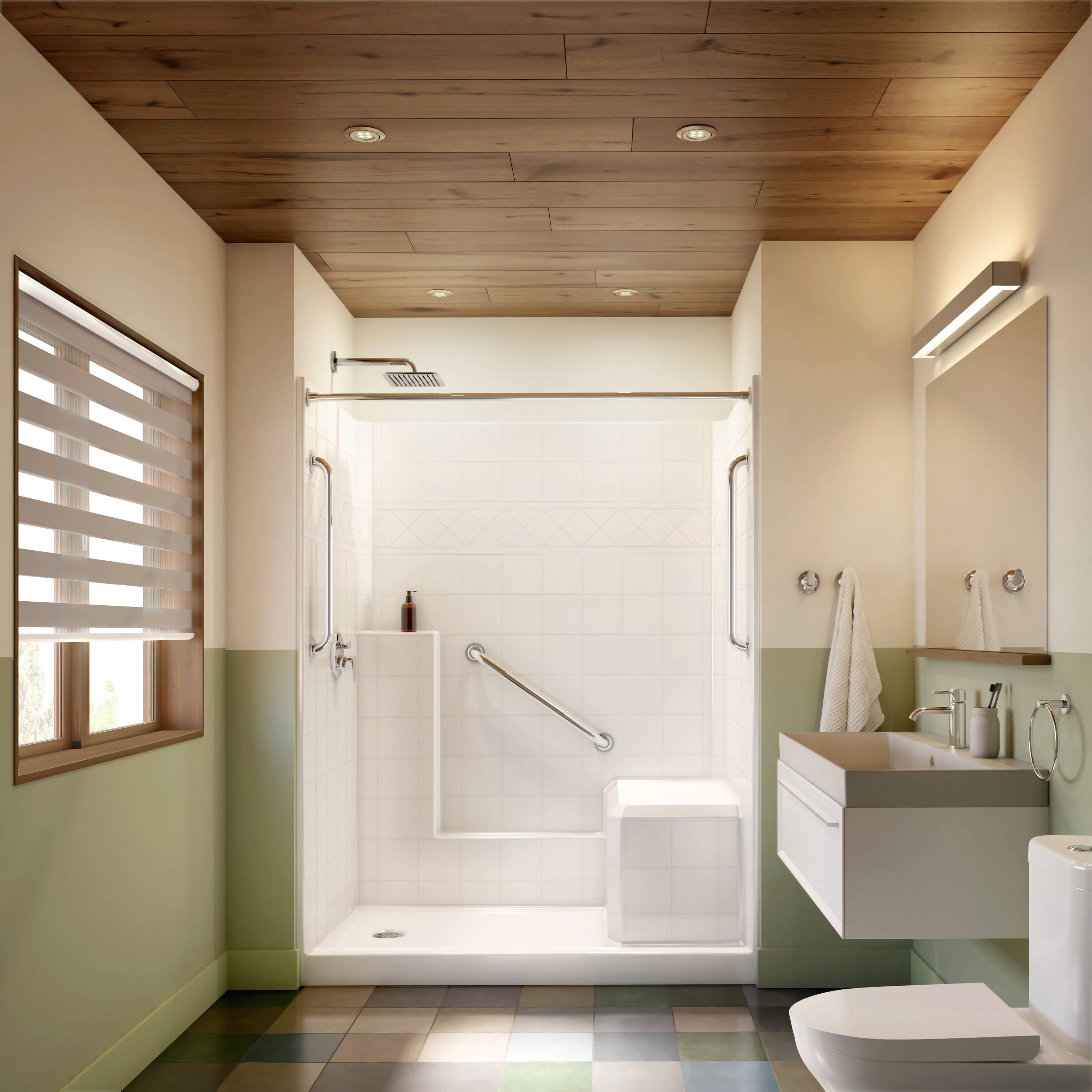 Laurel Mountain LM6036SH1S1PRWC2 Fairfax 36-in W x 60-in L x 77-in H Rectangular One-piece shower kit ( Left Drain) with Integrated Seat Base and Wall Drain and Chrome Hardware Included