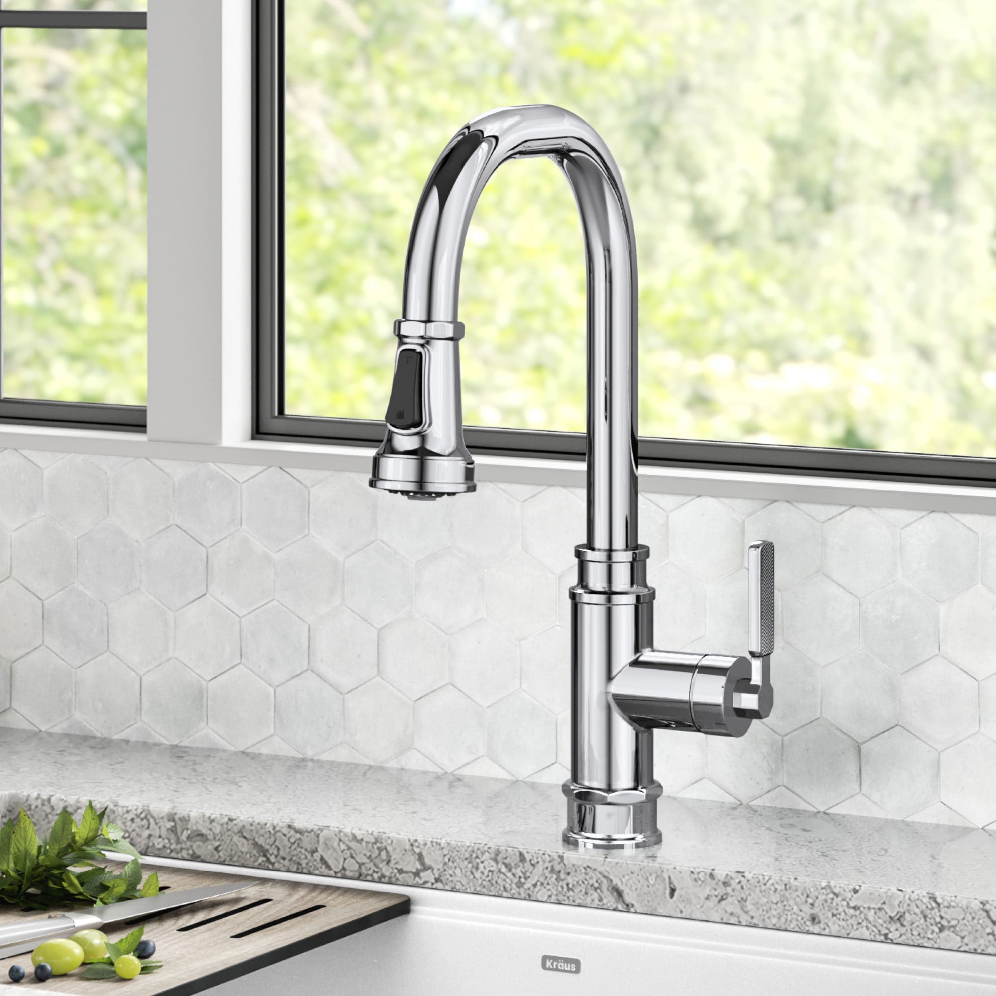 Chrome Industrial Pull-Down Single Handle Kitchen Faucet