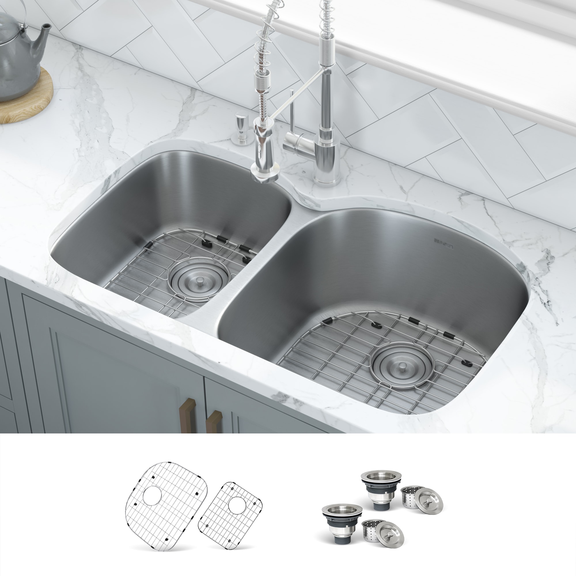 Ruvati RVM4600 Parmi Undermount 34-Inches x 20.5-Inches Stainless steel Double offset bowl 16 -Gauge Kitchen Sink