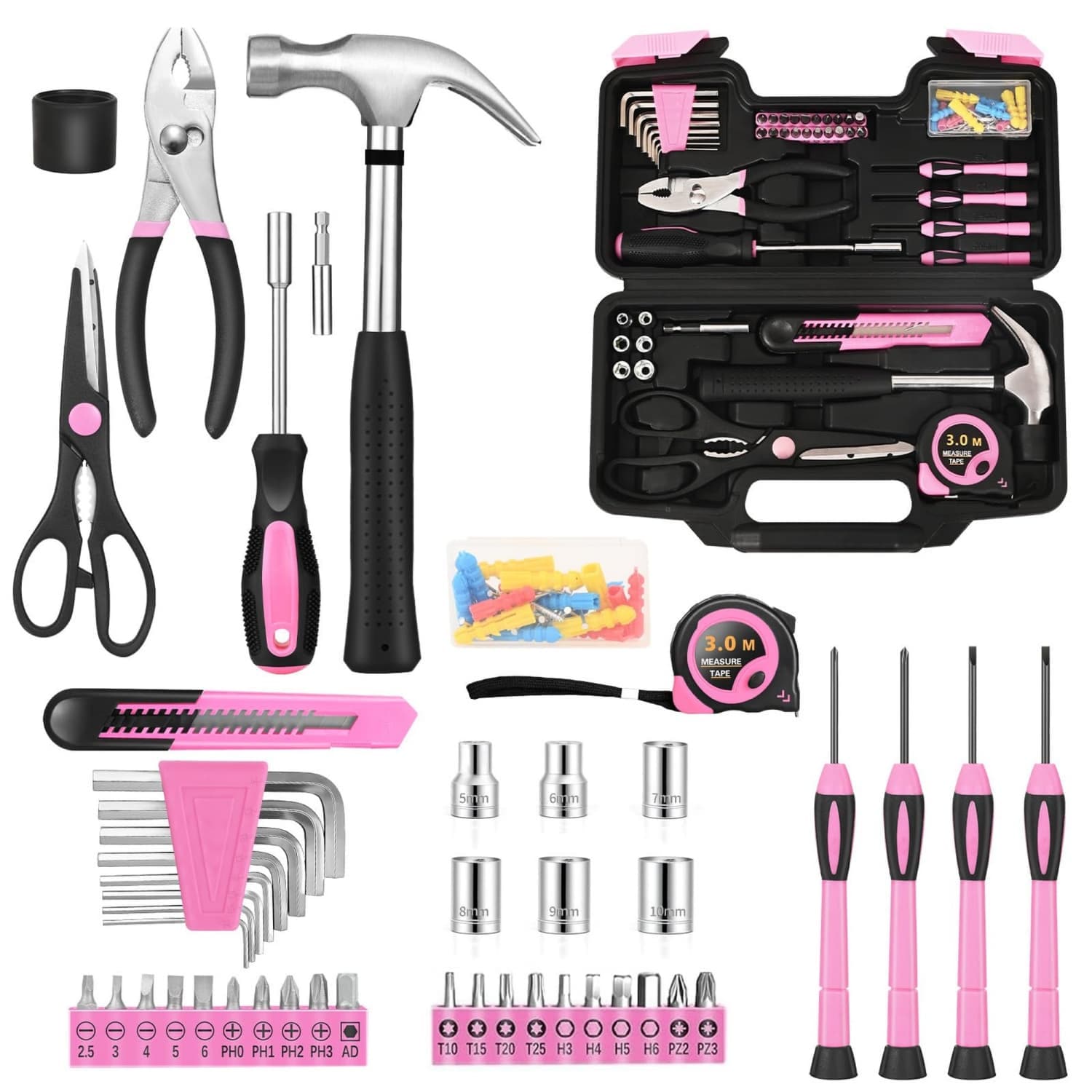 Angel Sar Pink 132 Pcs Tool Kit for Women Automotive Tools General Home Repair Set with Plastic Toolbox Storage Case Hammer Pliers Screwdrivers Bits Assortment for Dorm Garage DIY Project Fixing